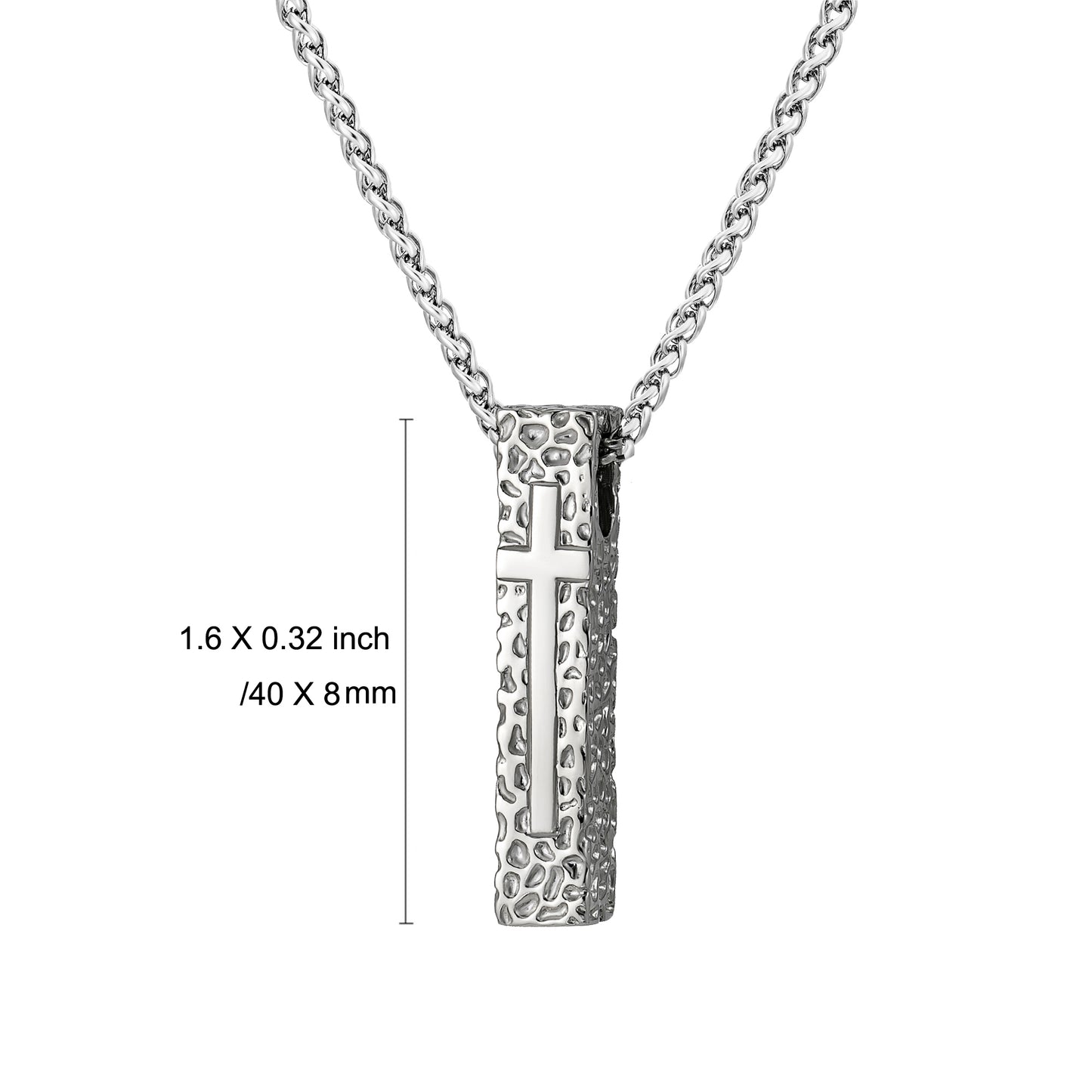 Cross Necklace for Men Women, Stainless Steel Textured Bar Design with Wheat Chain, Religious Faith Jewelry Gift