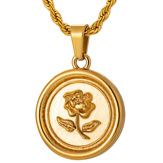 Gold Rose Pendant Necklace Twisted Rope Chain N00859