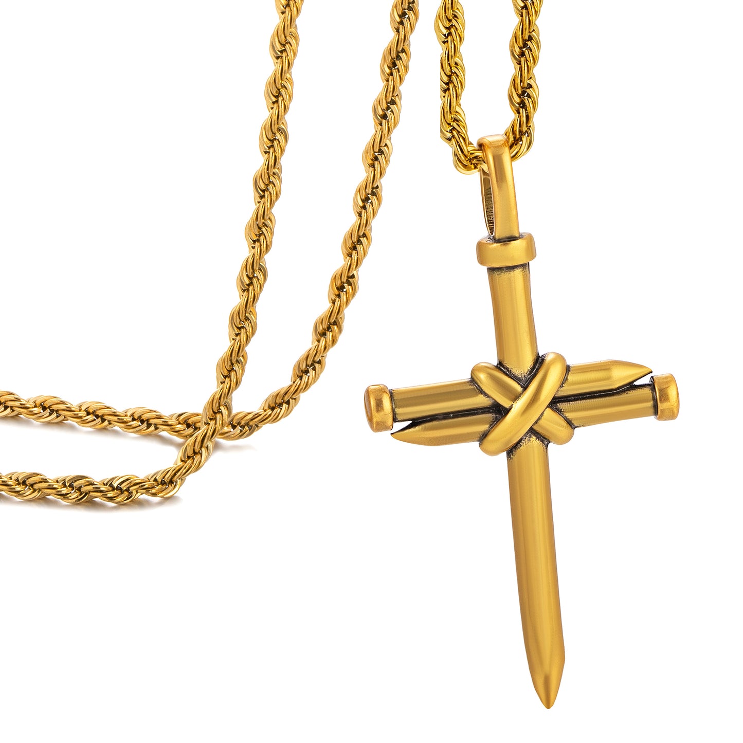 Antique Gold Nail Cross Necklace Twisted Rope Chain N01632