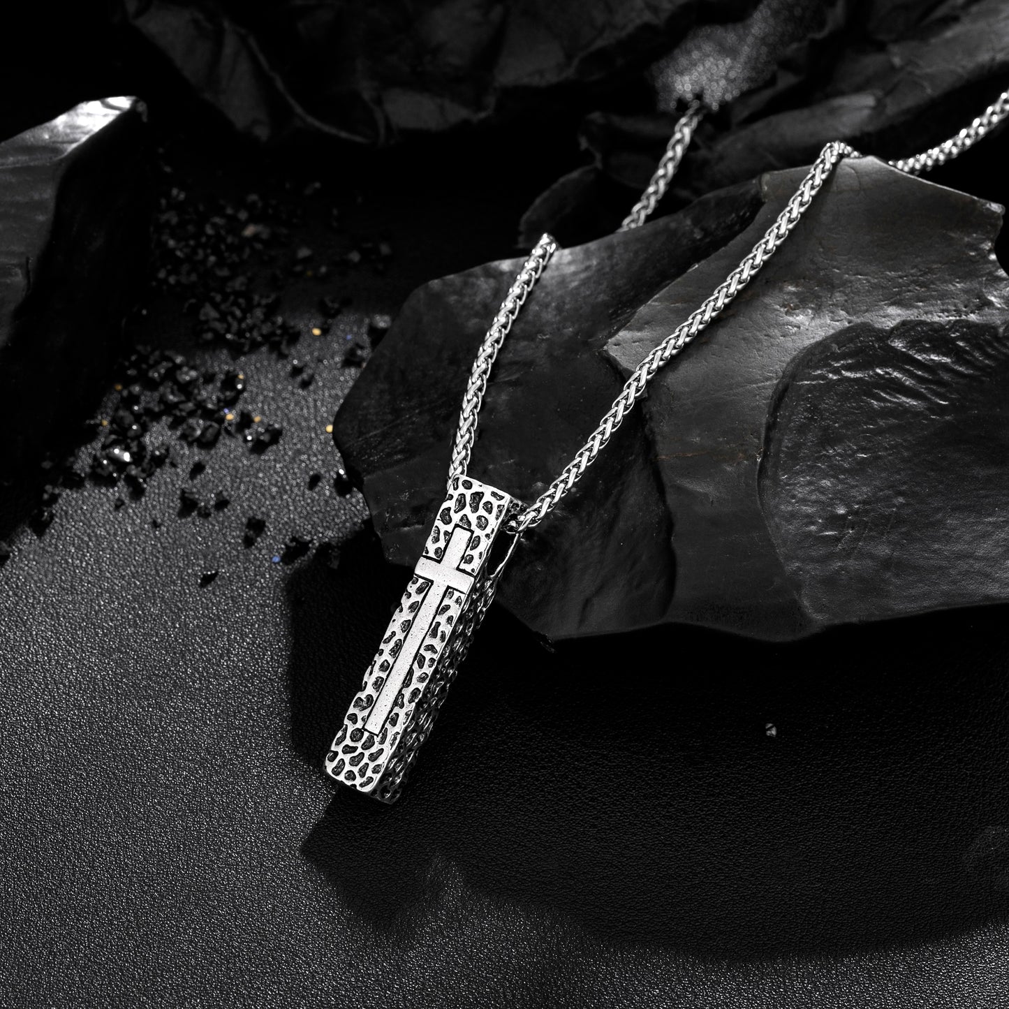 Cross Necklace for Men Women, Stainless Steel Textured Bar Design with Wheat Chain, Religious Faith Jewelry Gift