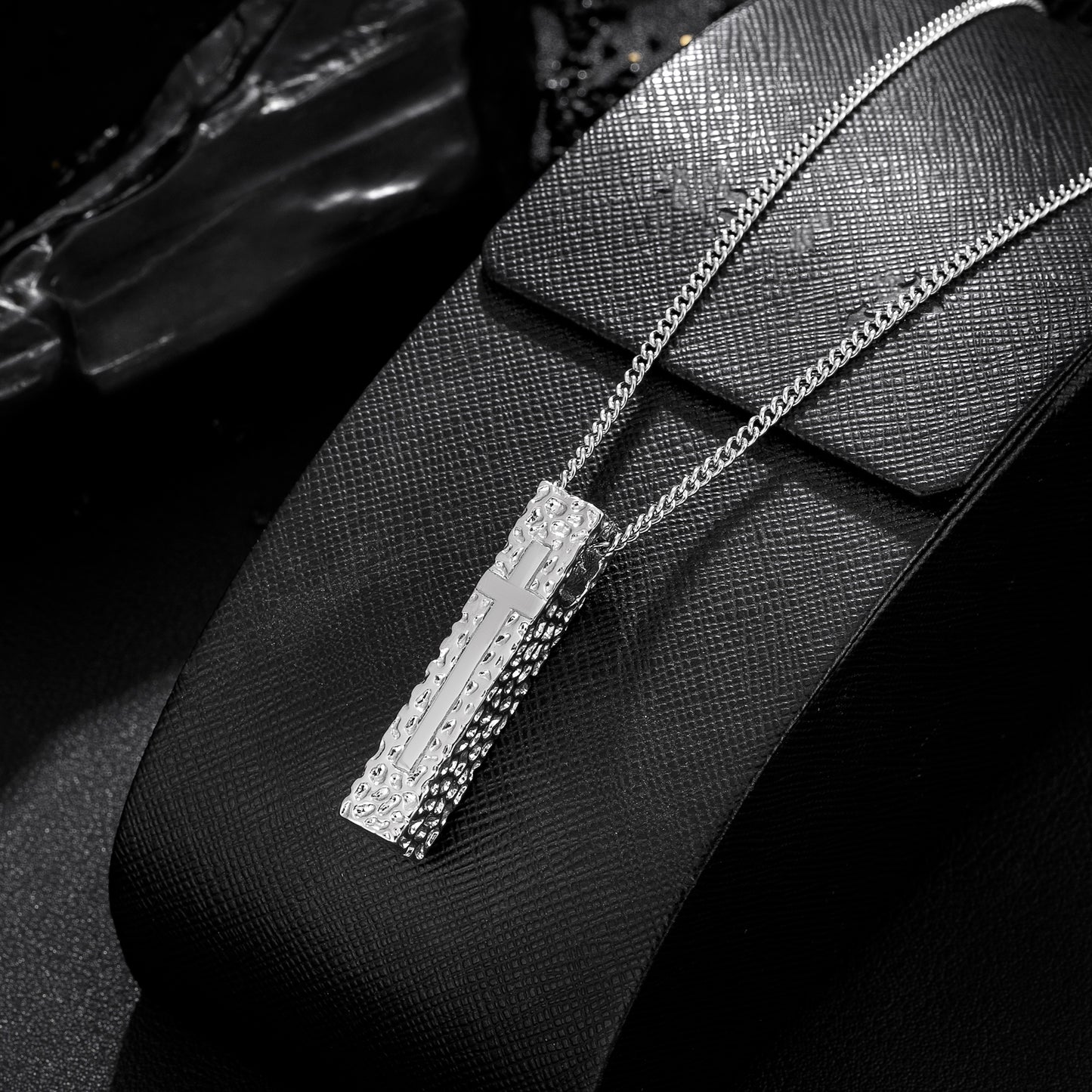 Cross Necklace for Men Women, Stainless Steel Textured Bar Design with Wheat Chain, Religious Faith Jewelry Gift