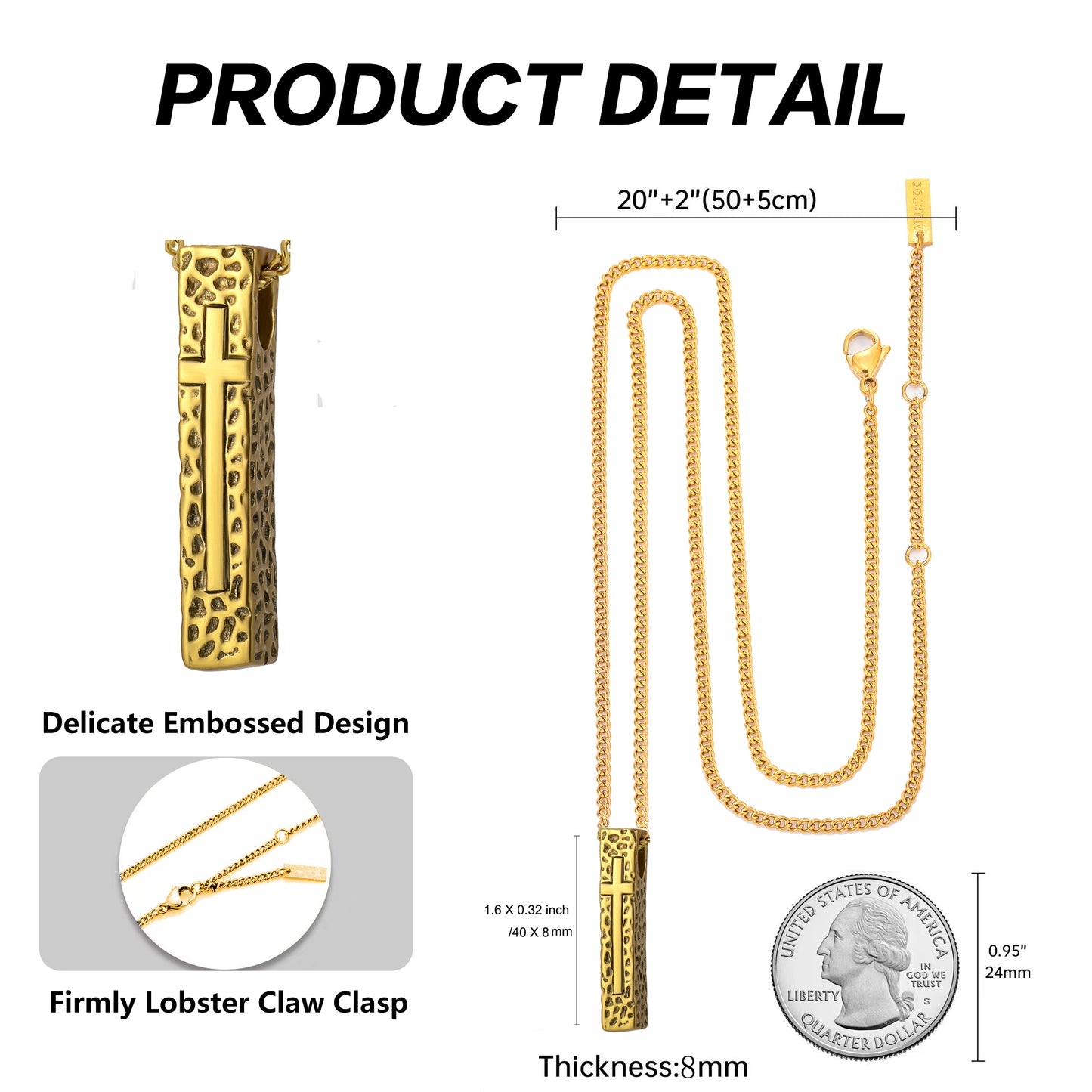 Cross Necklace for Men Women, Stainless Steel Textured Bar Design with Wheat Chain, Religious Faith Jewelry Gift