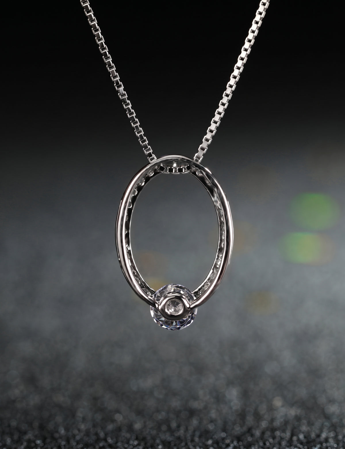 Oval Pendant Necklace for Women, Openwork Oval Frame with Pave Stone Accents and Round Stone Detail, Everyday Jewelry