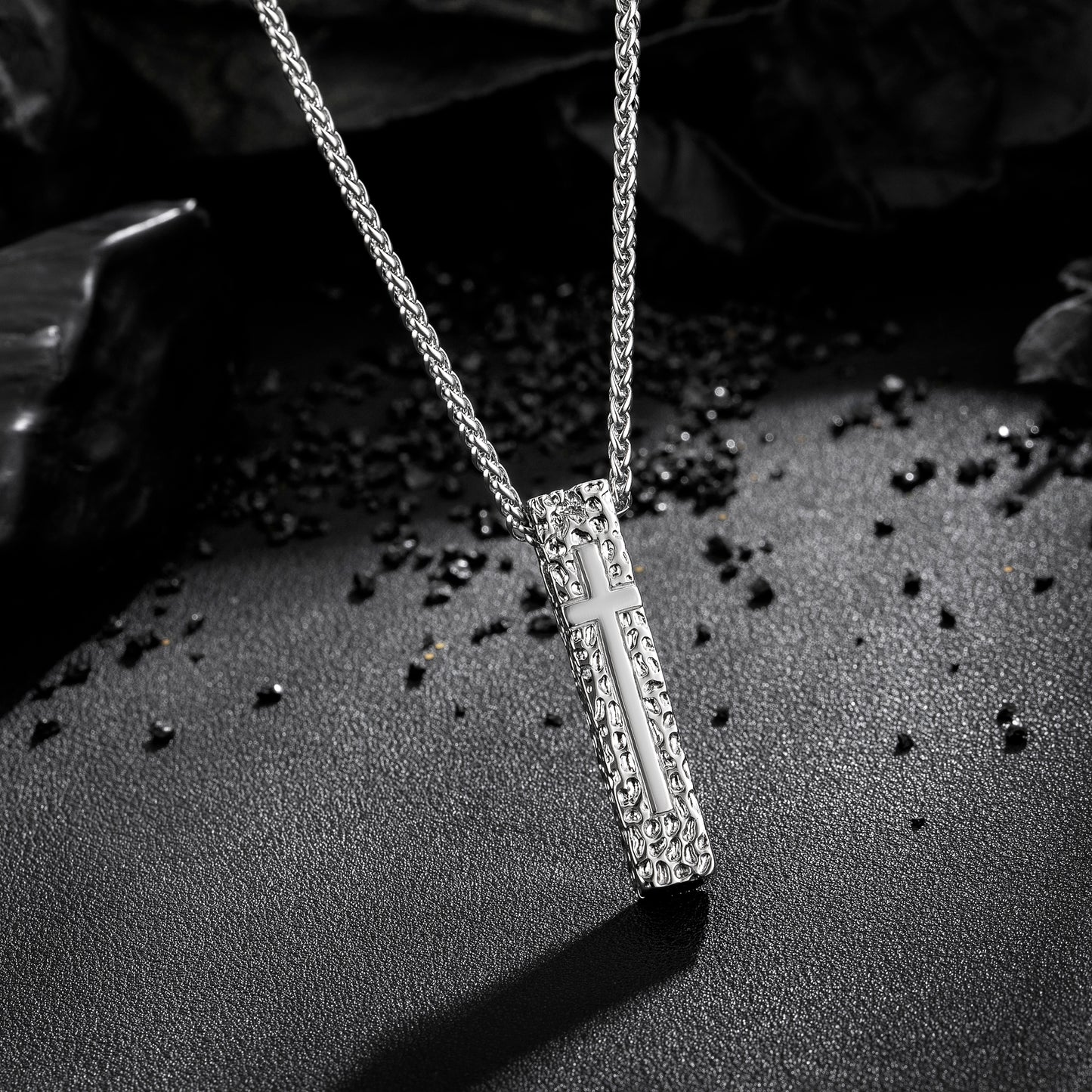 Cross Necklace for Men Women, Stainless Steel Textured Bar Design with Wheat Chain, Religious Faith Jewelry Gift