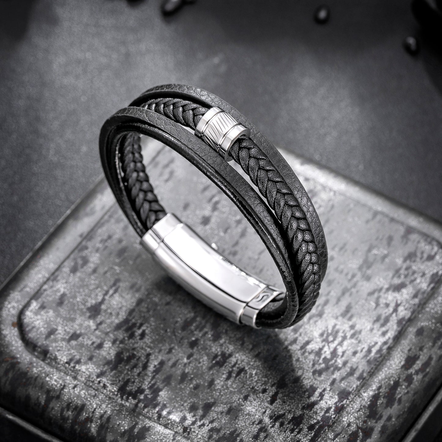 Mens Bracelet Adjustable Clasp Cuff Multi Strand Wristband Leather Bracelet for Daily Wear Minimalist Style Gift for Him