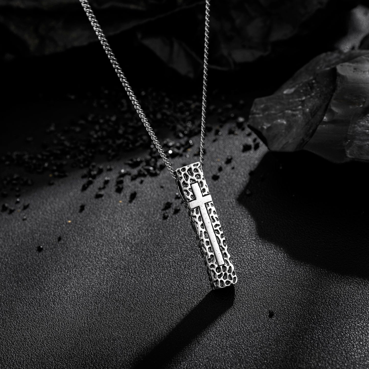 Cross Necklace for Men Women, Stainless Steel Textured Bar Design with Wheat Chain, Religious Faith Jewelry Gift
