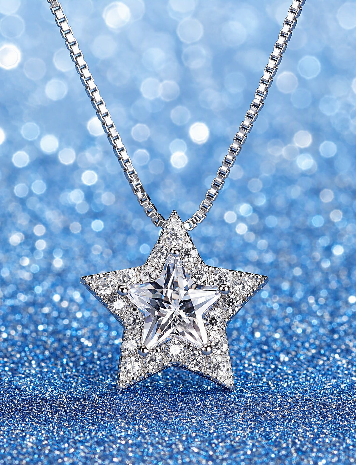 Star Necklace for Women, Five Point Star Pendant with Faceted Center Stone and Pave Halo, Celestial Everyday Jewelry