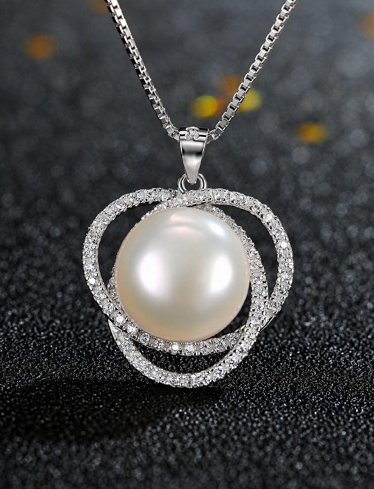 Freshwater Pearl Necklace for Women, Interlocking Circle Pendant with Pave Stone Accents, Modern Everyday Jewelry