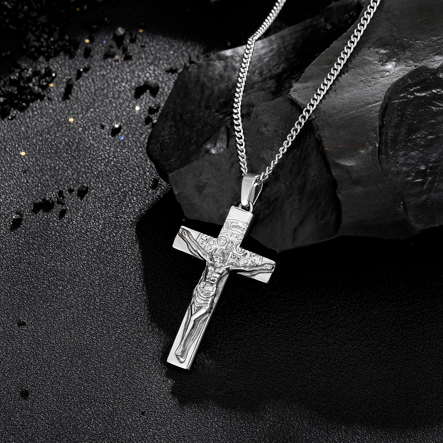 Cross Necklace for Men Women, Stainless Steel Crucifix Cross with Curb Chain Wheat Chain, Religious Faith Jewelry, Gift for Family