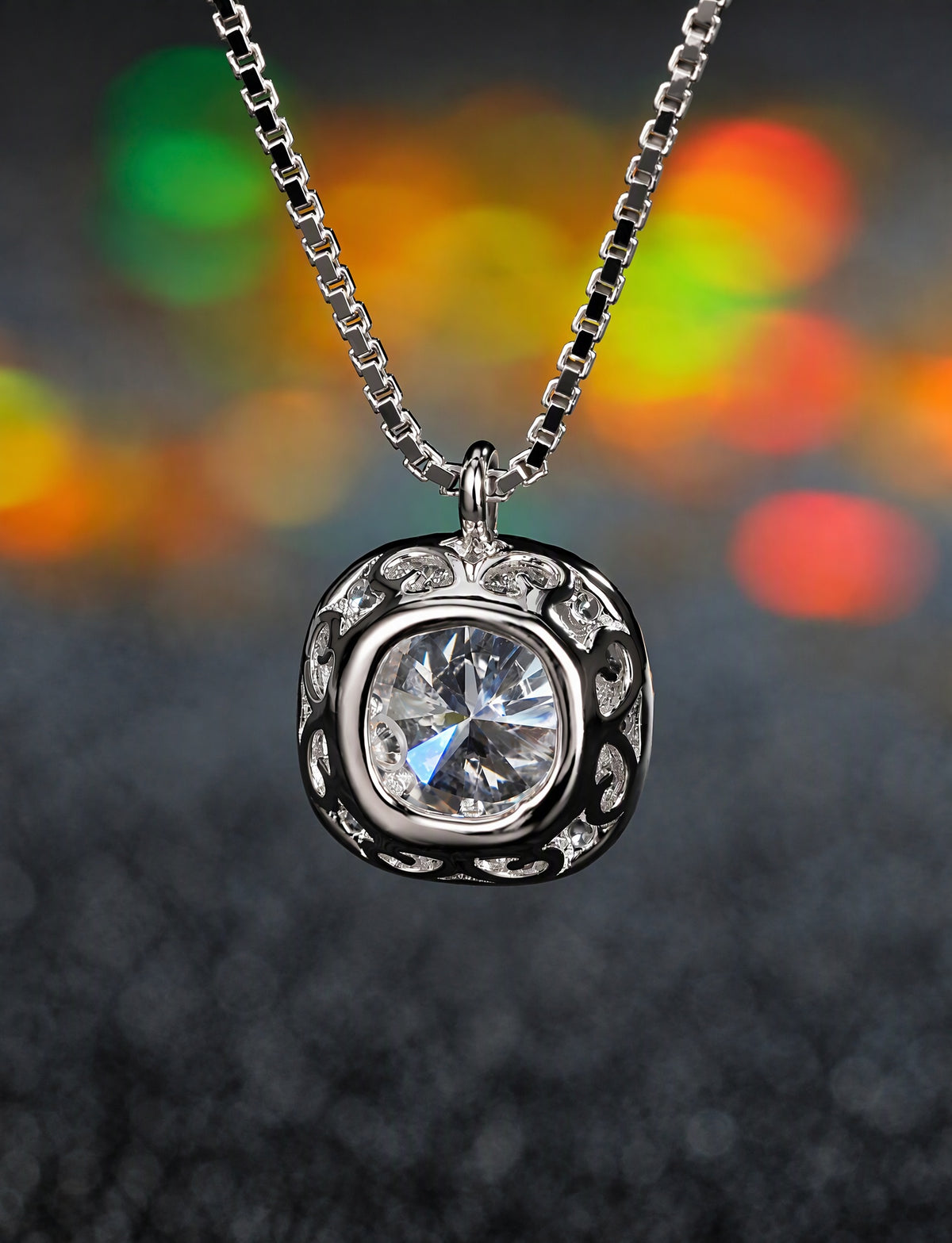 Halo Pendant Necklace for Women, Round Faceted Center with Circle Accents, Solitaire Style Jewelry for Daily Wear