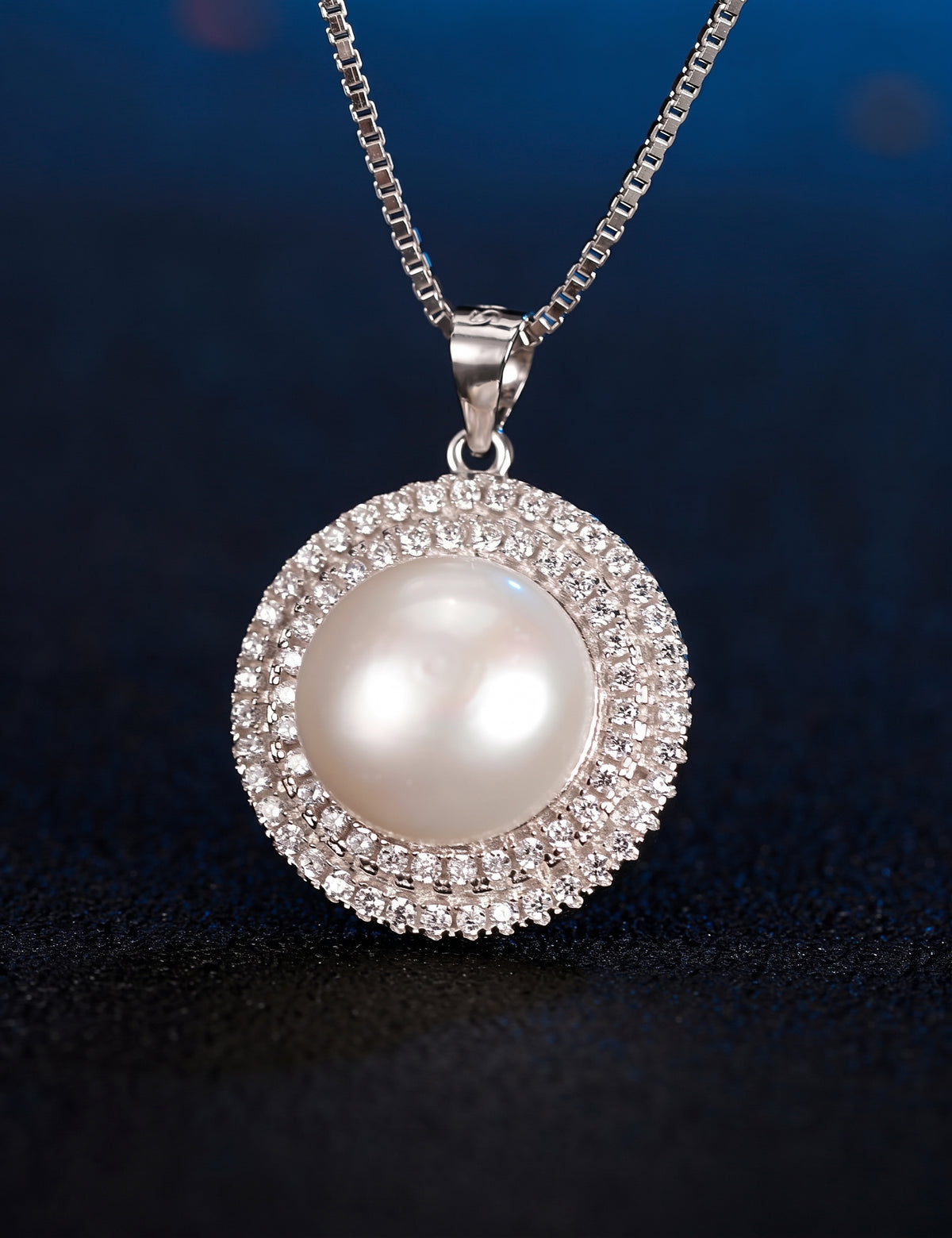 Freshwater Pearl Necklace for Women, Double Halo Round Pearl Pendant with Pave Stone Accents, Everyday Fashion Jewelry