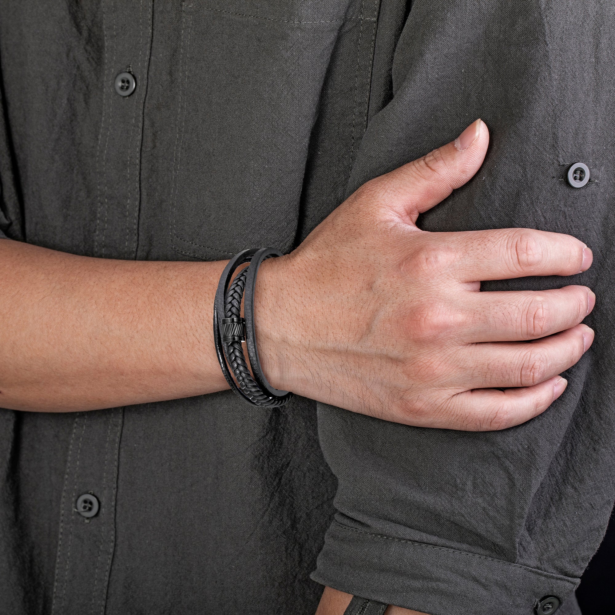 Mens Bracelet Adjustable Clasp Cuff Multi Strand Wristband Leather