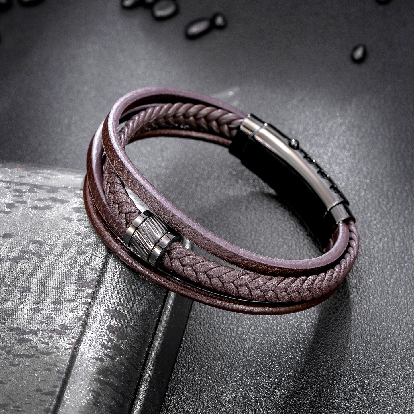 Mens Bracelet Adjustable Clasp Cuff Multi Strand Wristband Leather Bracelet for Daily Wear Minimalist Style Gift for Him