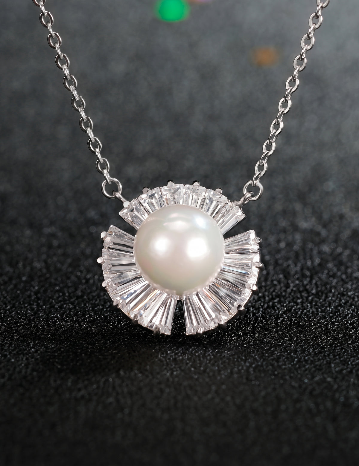 Freshwater Pearl Necklace for Women, Sunburst Pearl Pendant with Radiating Baguette Style Stone Accents, Daily Jewelry