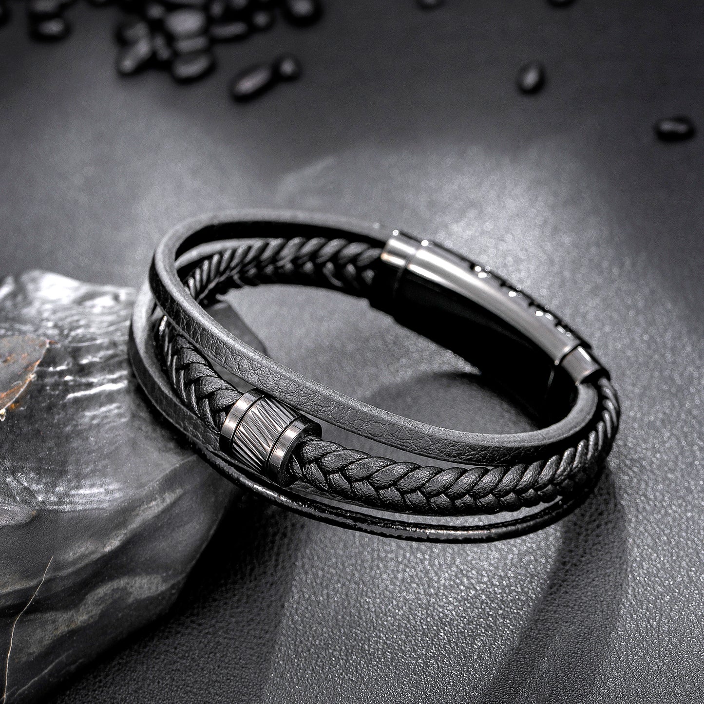 Mens Bracelet Adjustable Clasp Cuff Multi Strand Wristband Leather Bracelet for Daily Wear Minimalist Style Gift for Him