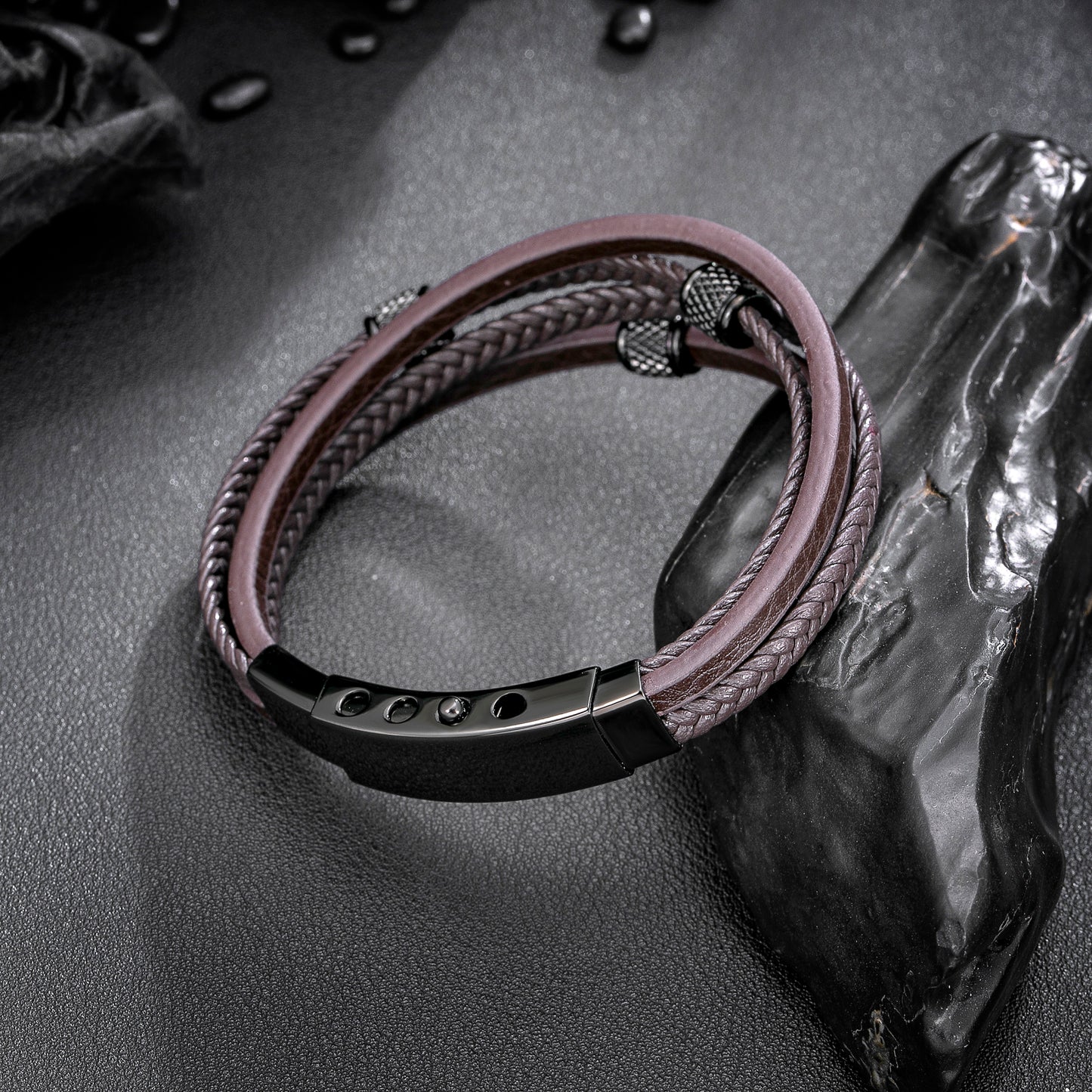 Mens Bracelet Adjustable Clasp Cuff Multi Strand Wristband Leather Bracelet for Daily Wear Minimalist Style Gift for Him