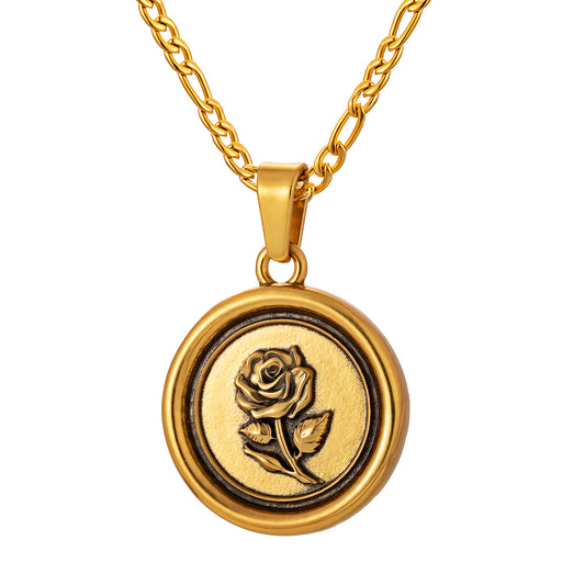 Antique Gold Rose Pendant Necklace Figaro Chain N01562