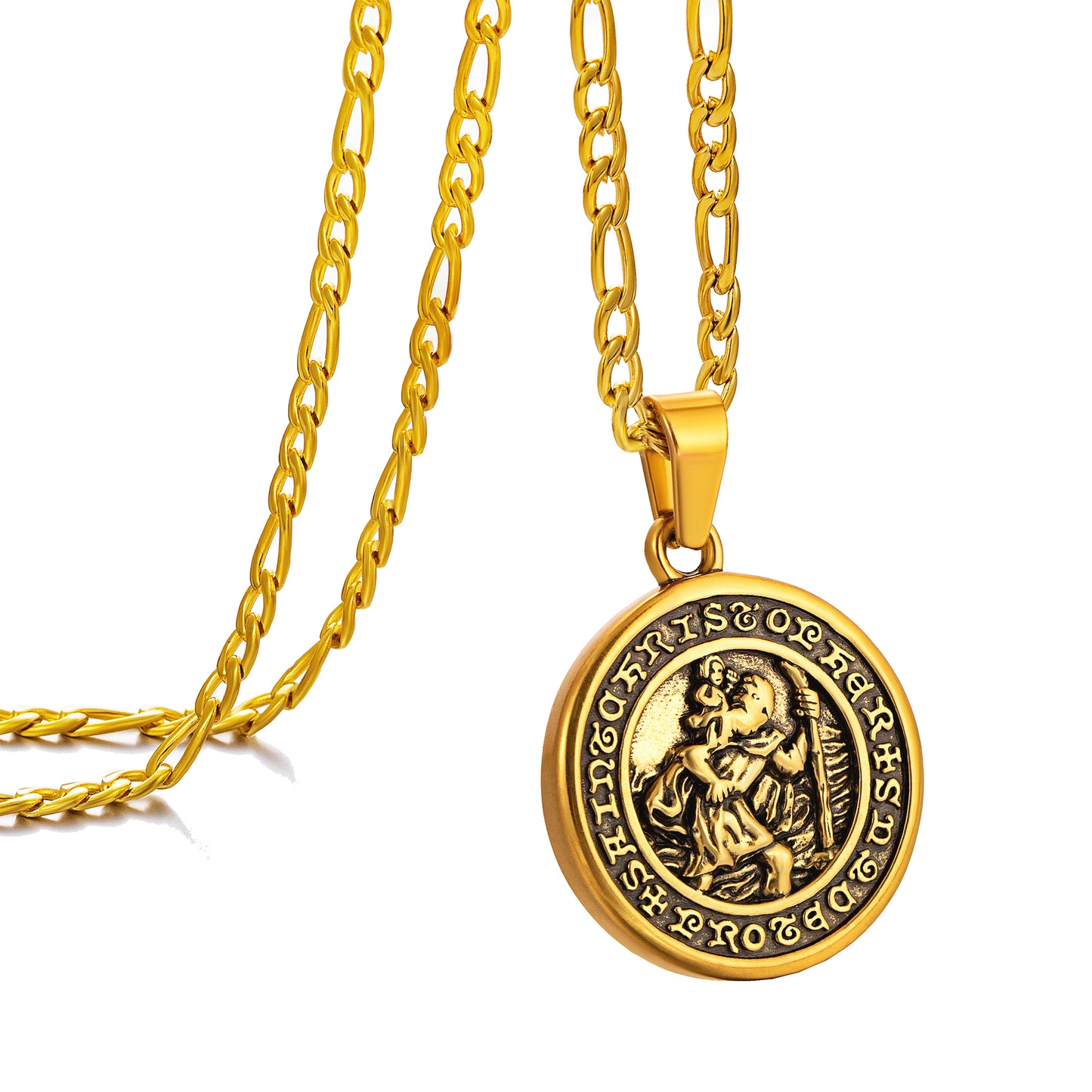Antique Gold Pendant Necklace Figaro Chain N01014