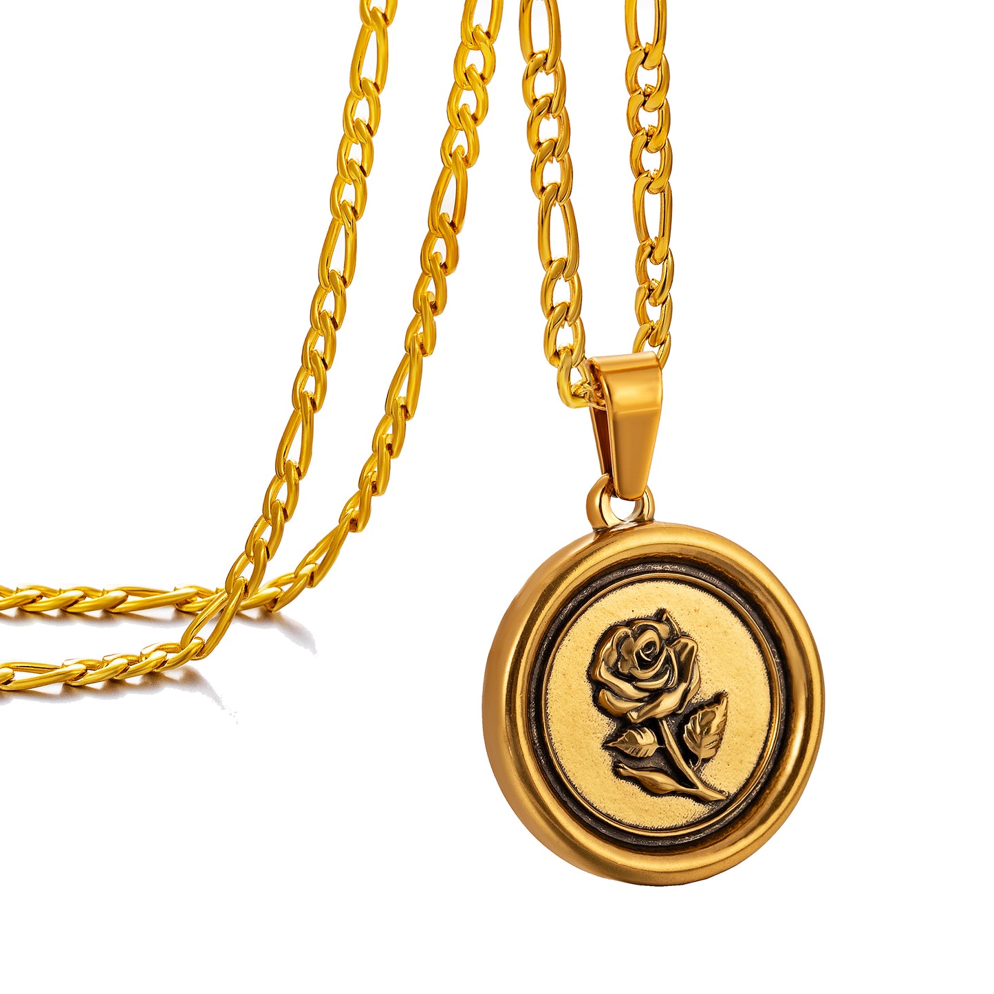 Antique Gold Rose Pendant Necklace Figaro Chain N01562