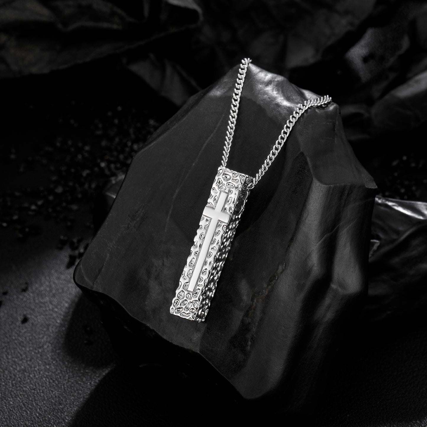 Cross Necklace for Men Women, Stainless Steel Textured Bar Design with Wheat Chain, Religious Faith Jewelry Gift