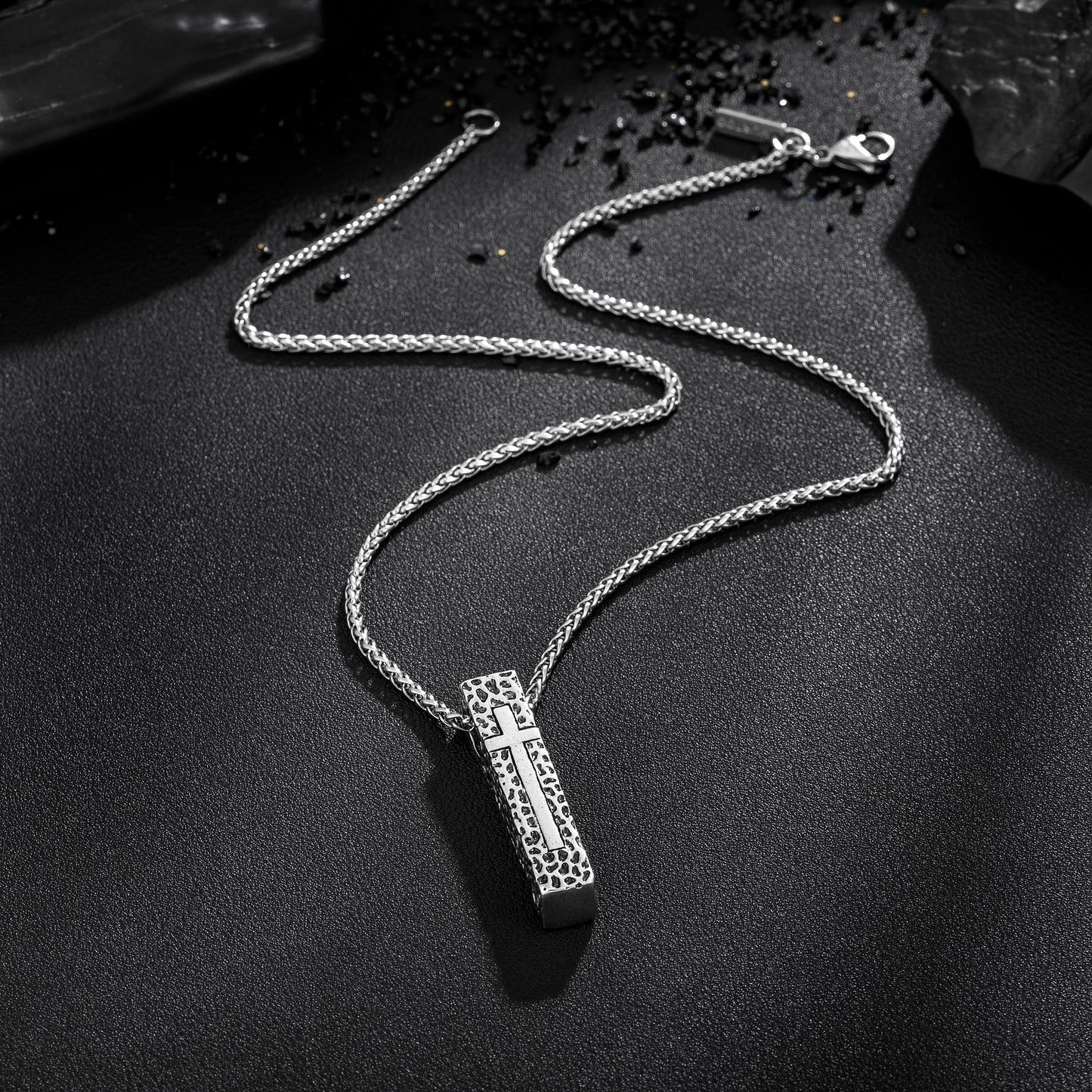 Cross Necklace for Men Women, Stainless Steel Textured Bar Design with Wheat Chain, Religious Faith Jewelry Gift