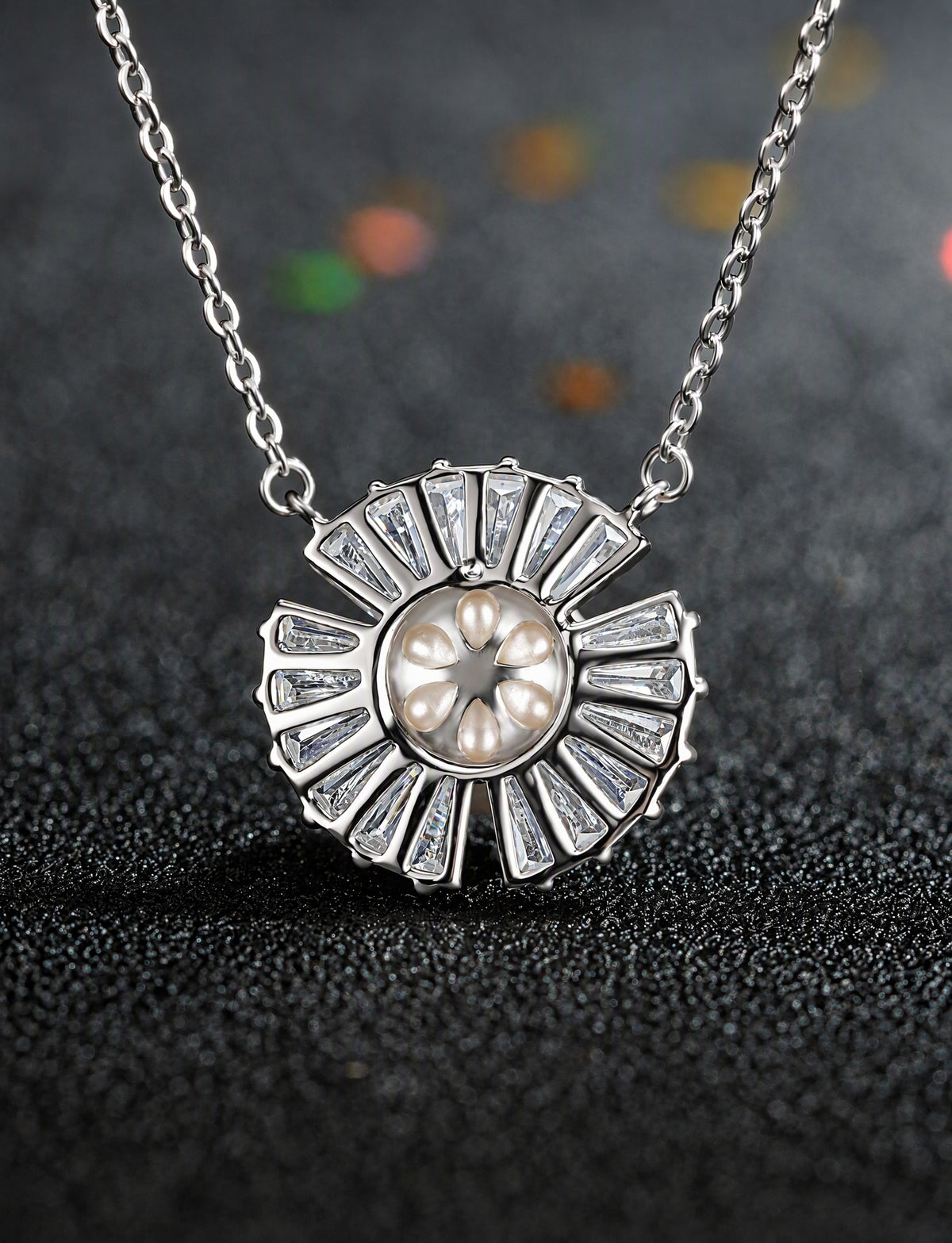 Freshwater Pearl Necklace for Women, Sunburst Pearl Pendant with Radiating Baguette Style Stone Accents, Daily Jewelry