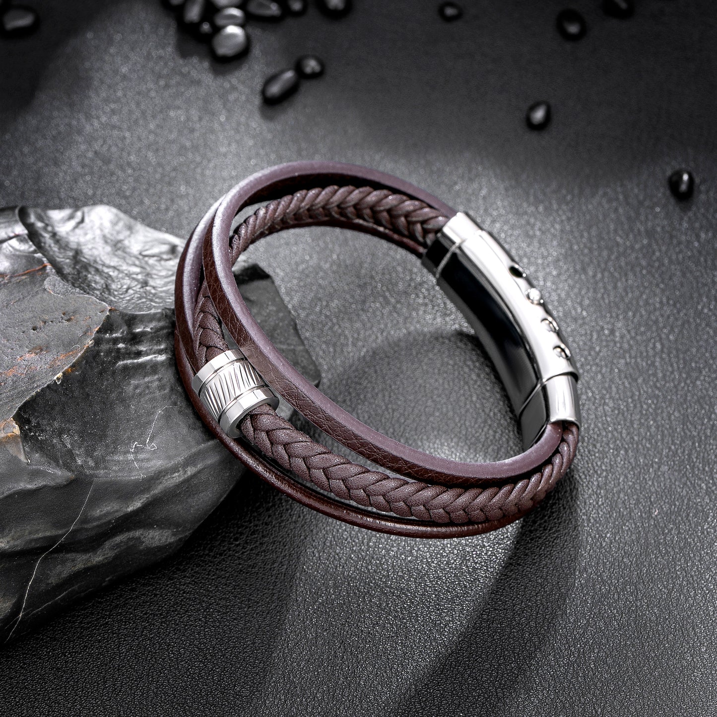 Mens Bracelet Adjustable Clasp Cuff Multi Strand Wristband Leather Bracelet for Daily Wear Minimalist Style Gift for Him