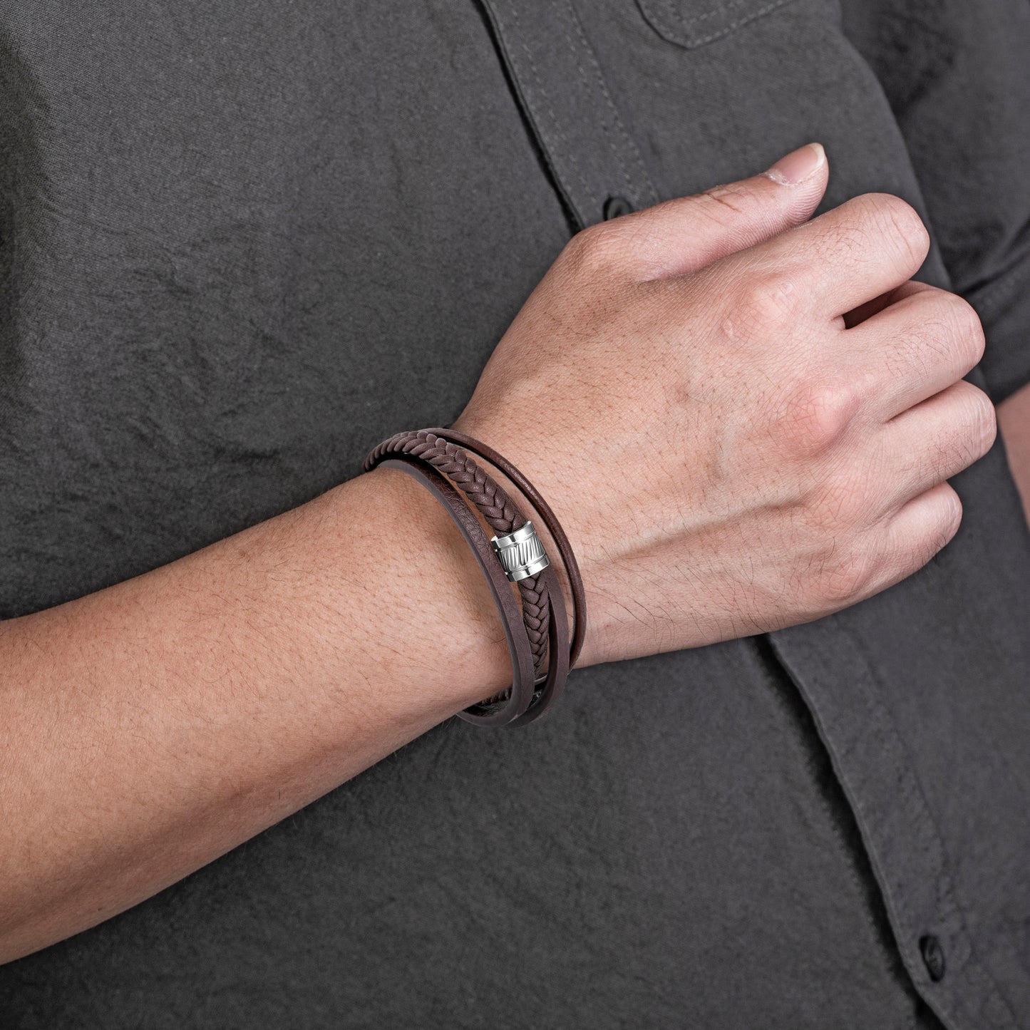 Mens Bracelet Adjustable Clasp Cuff Multi Strand Wristband Leather Bracelet for Daily Wear Minimalist Style Gift for Him