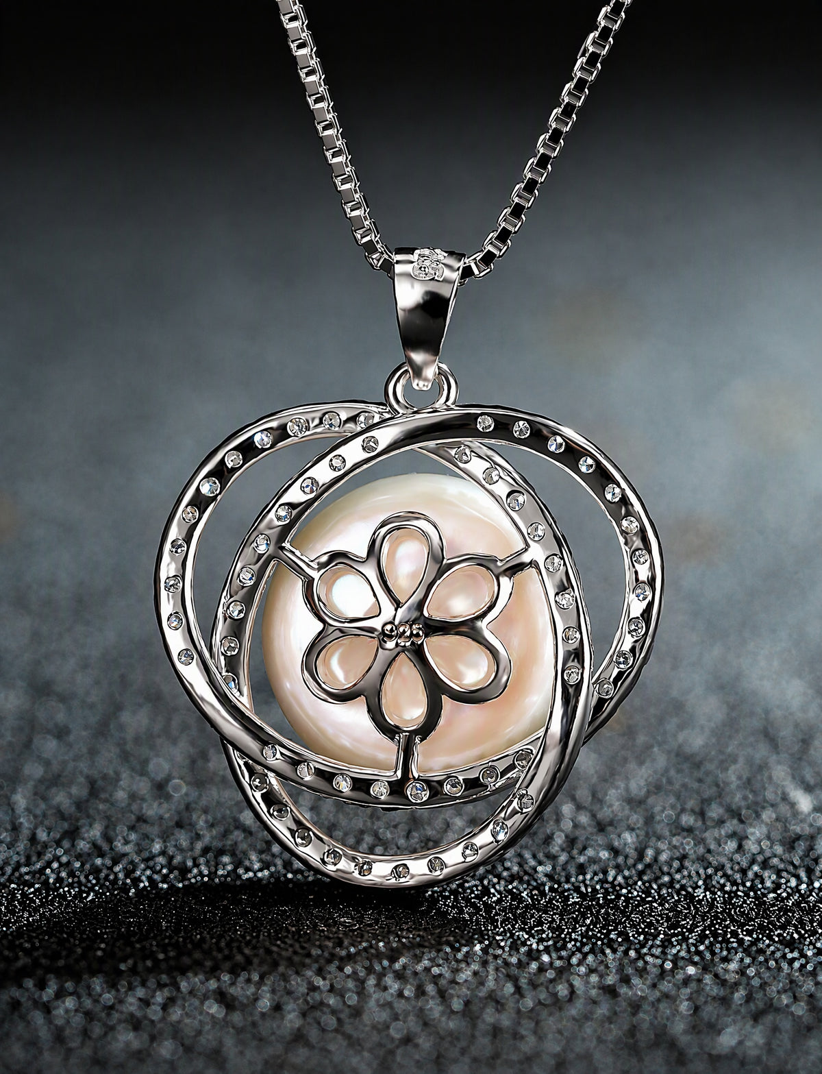 Freshwater Pearl Necklace for Women, Interlocking Circle Pendant with Pave Stone Accents, Modern Everyday Jewelry
