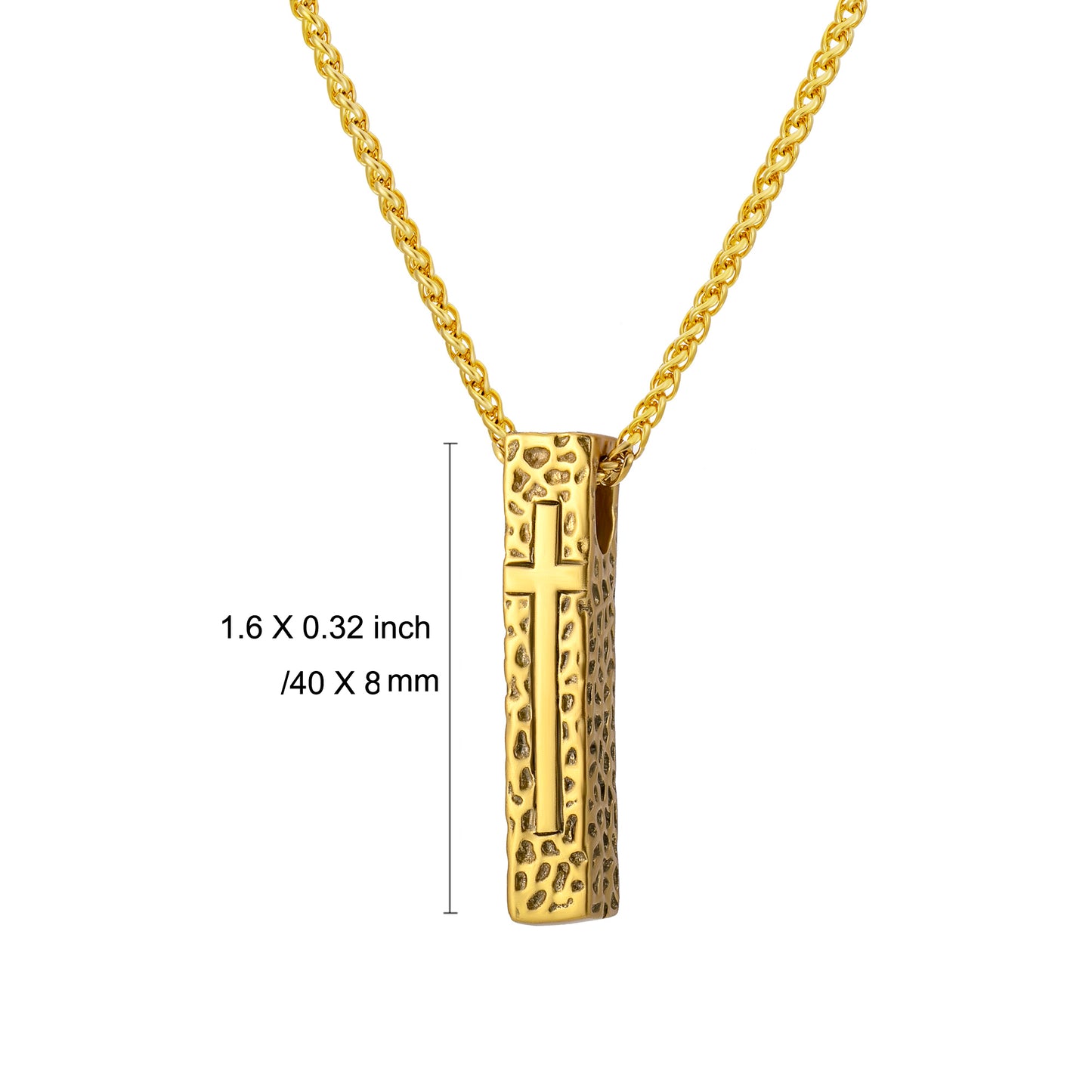 Cross Necklace for Men Women, Stainless Steel Textured Bar Design with Wheat Chain, Religious Faith Jewelry Gift