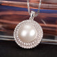 Freshwater Pearl Necklace for Women, Double Halo Round Pearl Pendant with Pave Stone Accents, Everyday Fashion Jewelry
