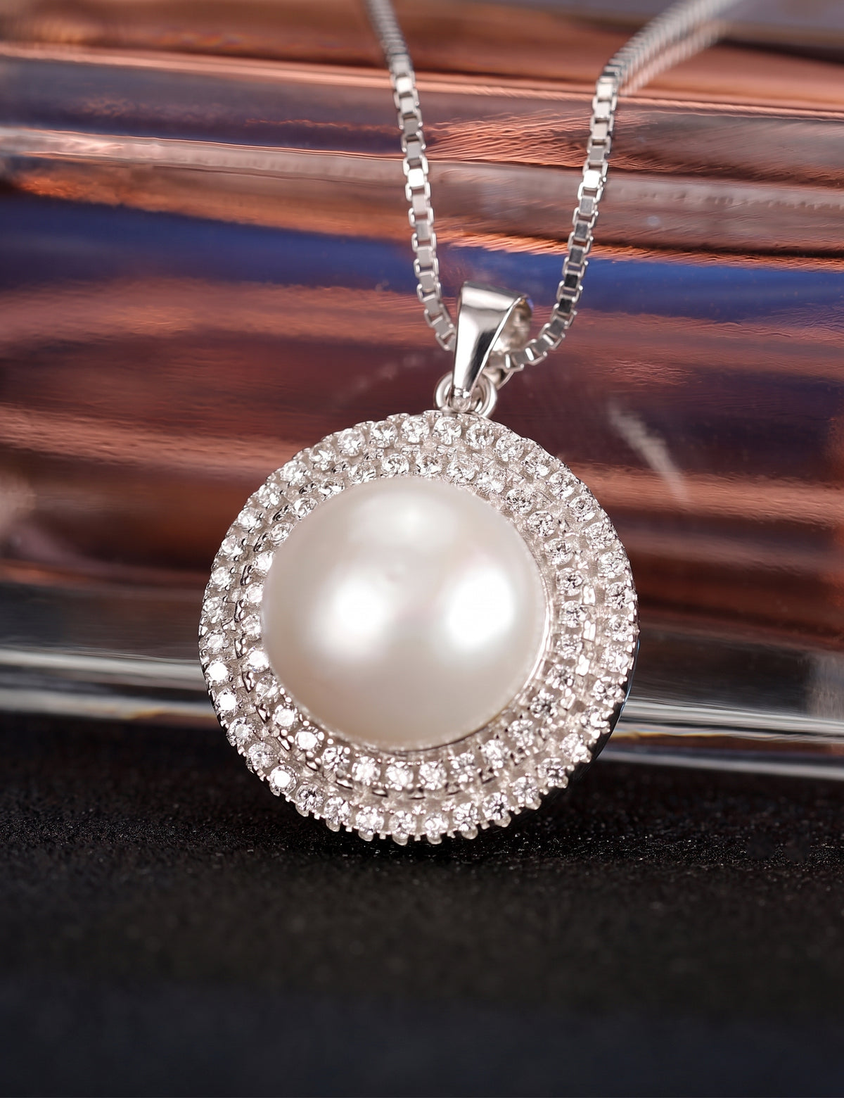 Freshwater Pearl Necklace for Women, Double Halo Round Pearl Pendant with Pave Stone Accents, Everyday Fashion Jewelry