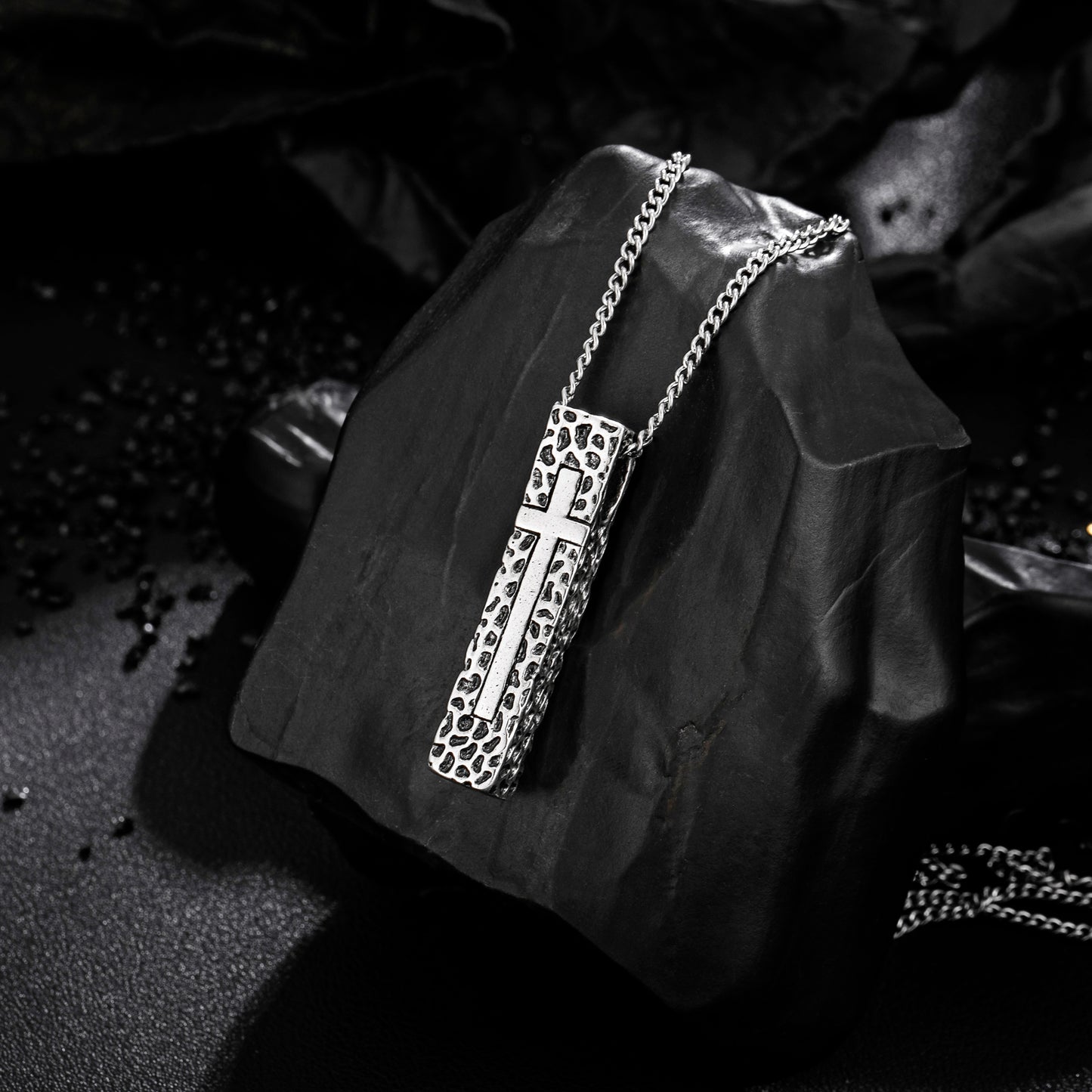 Cross Necklace for Men Women, Stainless Steel Textured Bar Design with Wheat Chain, Religious Faith Jewelry Gift