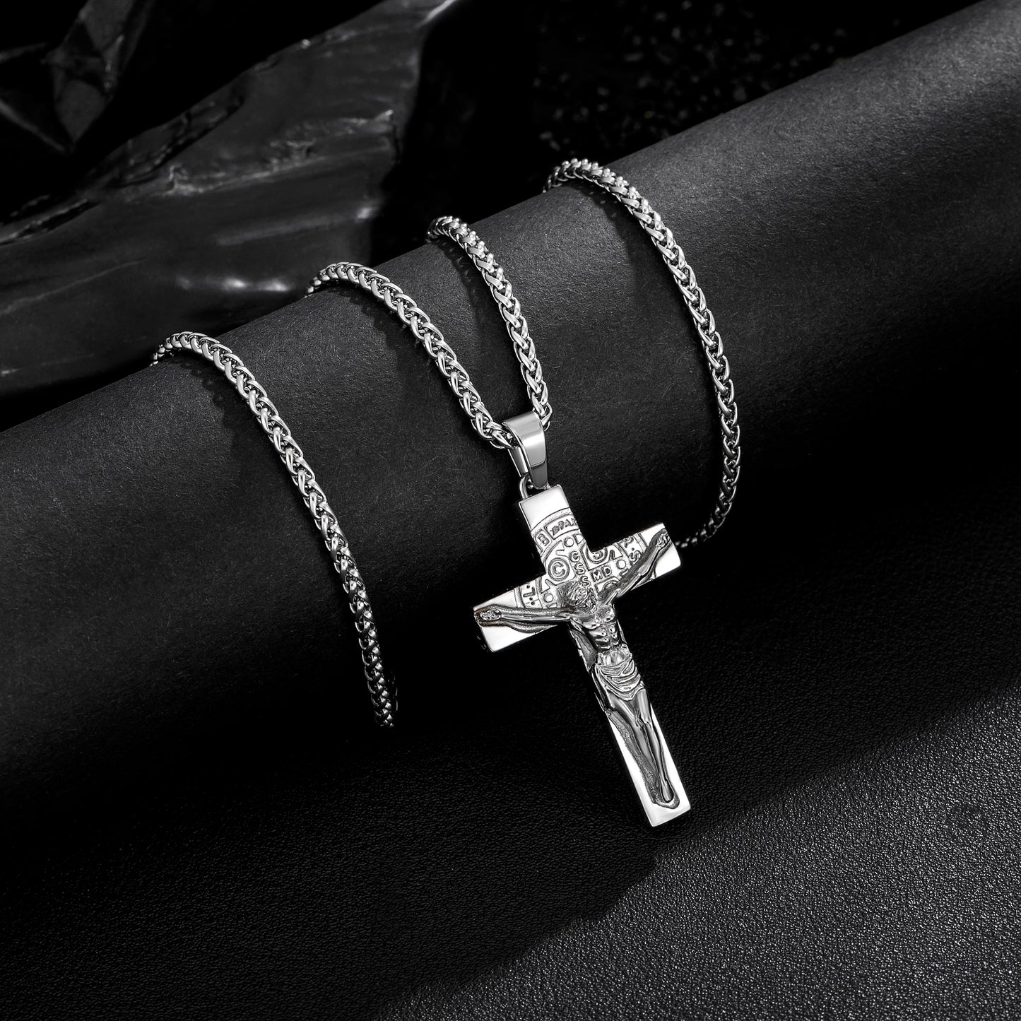 Cross Necklace for Men Women, Stainless Steel Crucifix Cross with Curb Chain Wheat Chain, Religious Faith Jewelry, Gift for Family