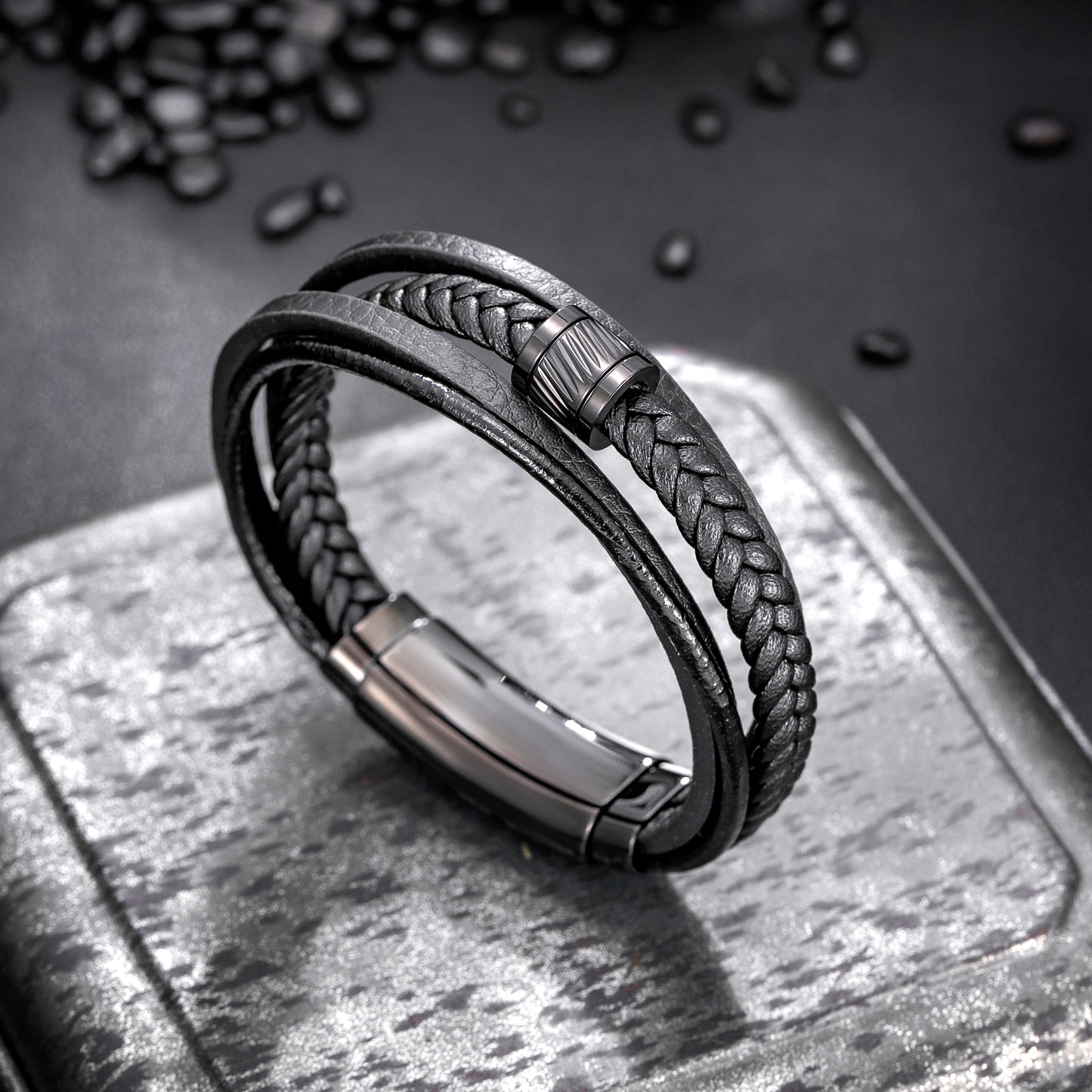 Mens Bracelet Adjustable Clasp Cuff Multi Strand Wristband Leather Bracelet for Daily Wear Minimalist Style Gift for Him