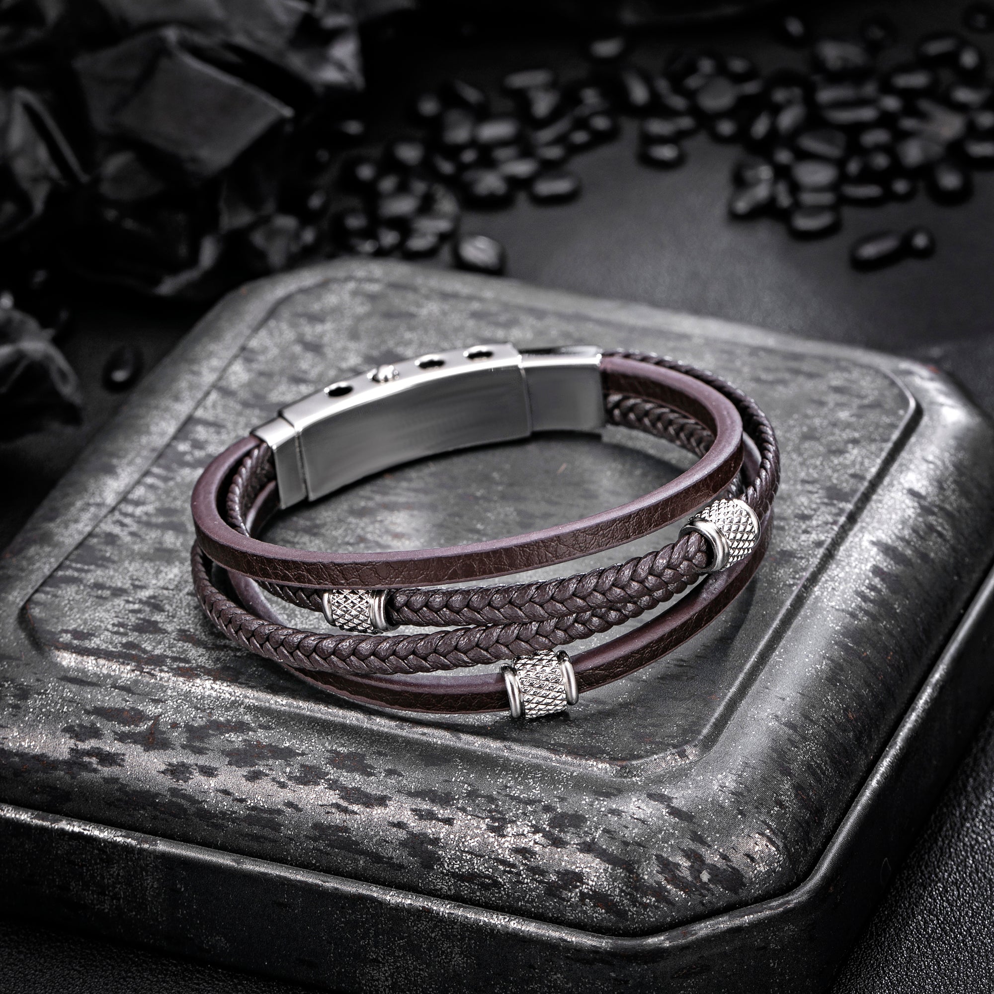 Mens Bracelet Adjustable Clasp Cuff Multi Strand Wristband Leather