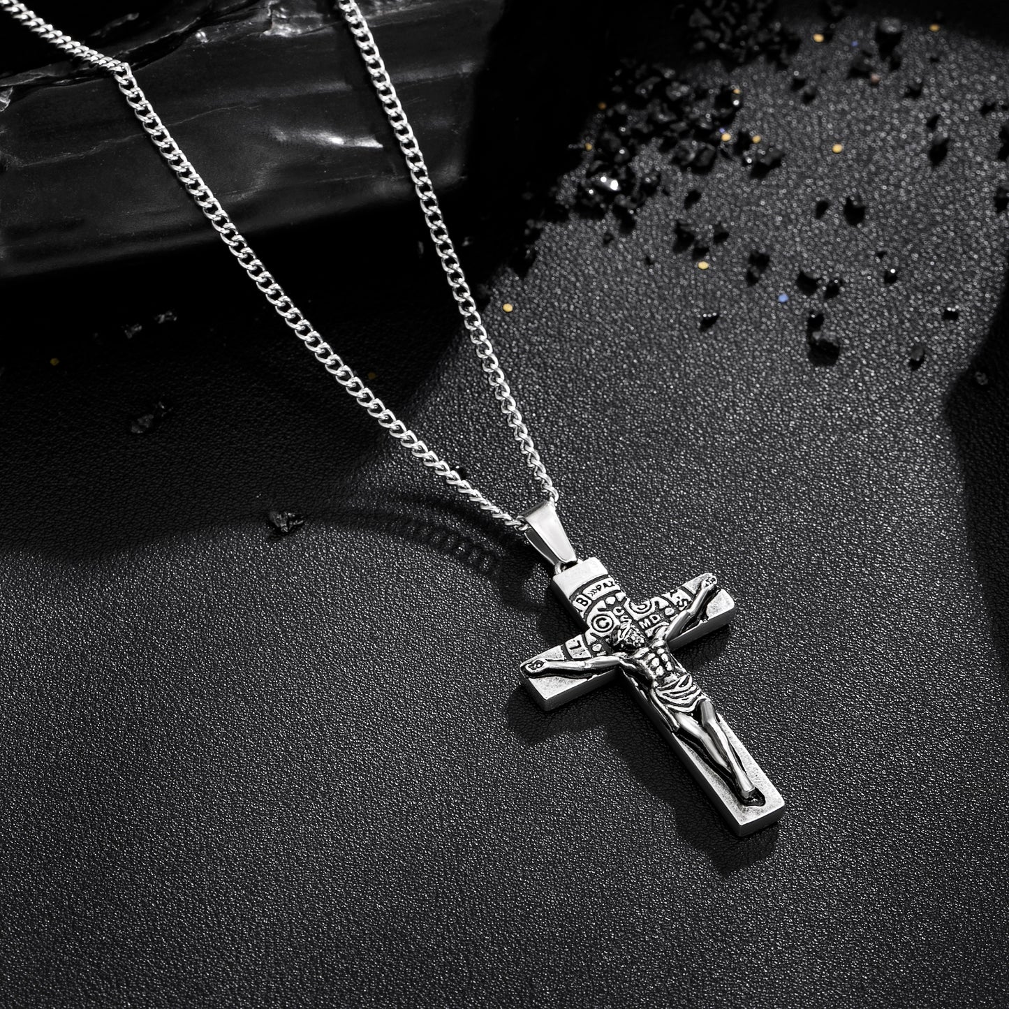 Cross Necklace for Men Women, Stainless Steel Crucifix Cross with Curb Chain Wheat Chain, Religious Faith Jewelry, Gift for Family