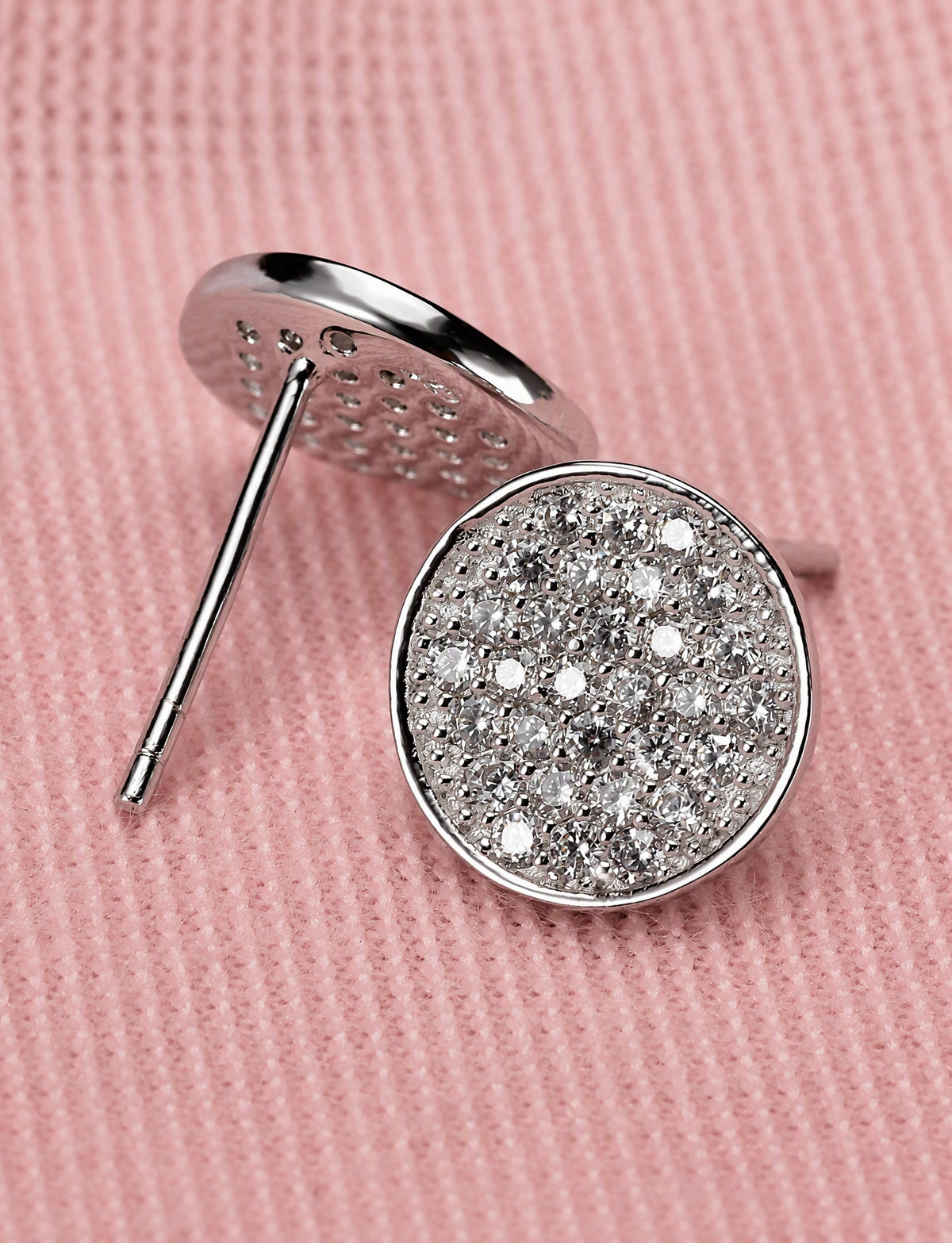 Round Stud Earrings for Women, Pavé Style Geometric Disc Statement Studs, Everyday Office Party Jewelry