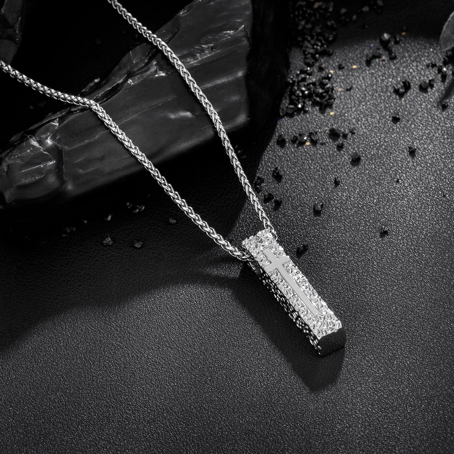 Cross Necklace for Men Women, Stainless Steel Textured Bar Design with Wheat Chain, Religious Faith Jewelry Gift