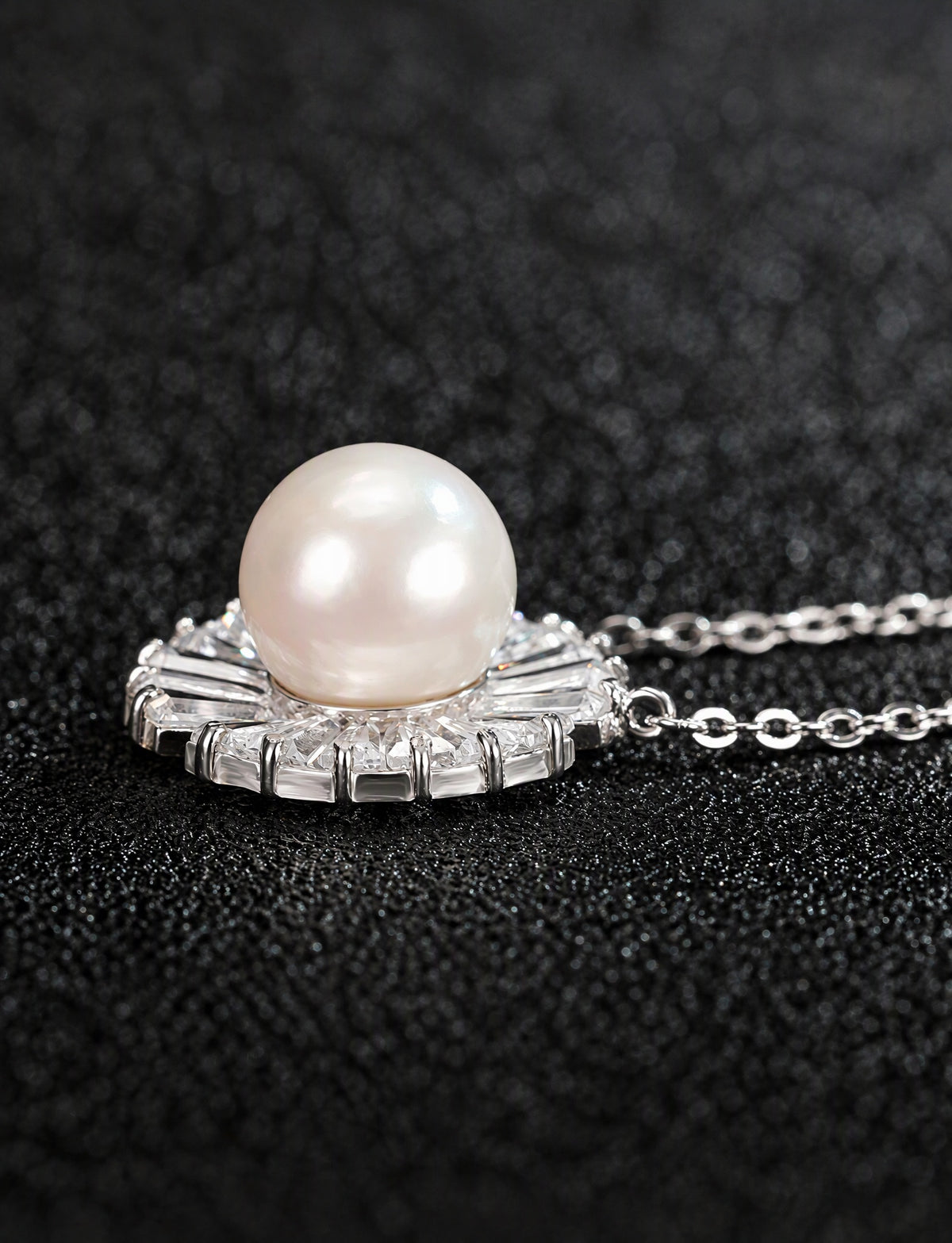 Freshwater Pearl Necklace for Women, Sunburst Pearl Pendant with Radiating Baguette Style Stone Accents, Daily Jewelry