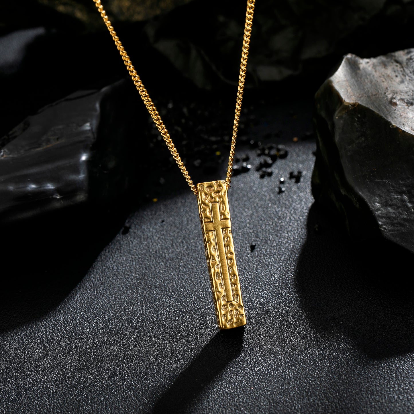 Cross Necklace for Men Women, Stainless Steel Textured Bar Design with Wheat Chain, Religious Faith Jewelry Gift