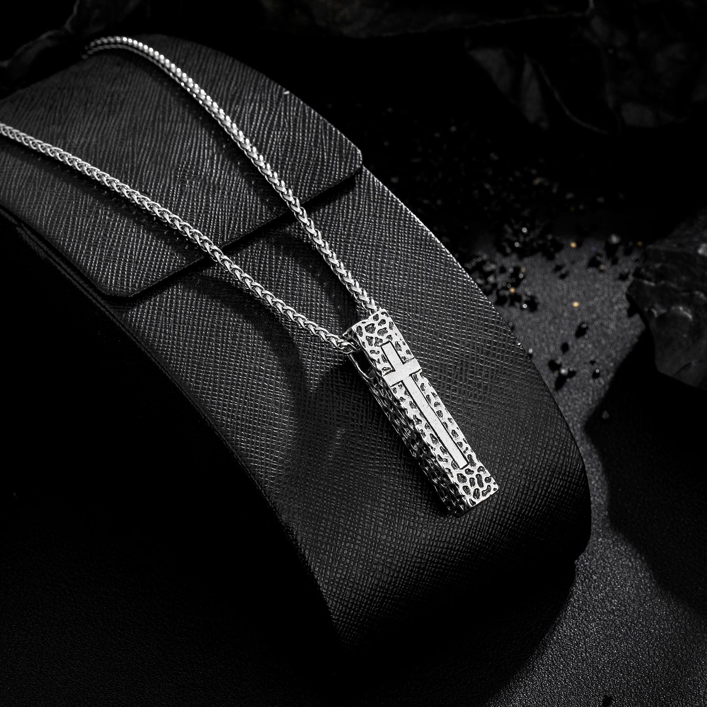 Cross Necklace for Men Women, Stainless Steel Textured Bar Design with Wheat Chain, Religious Faith Jewelry Gift