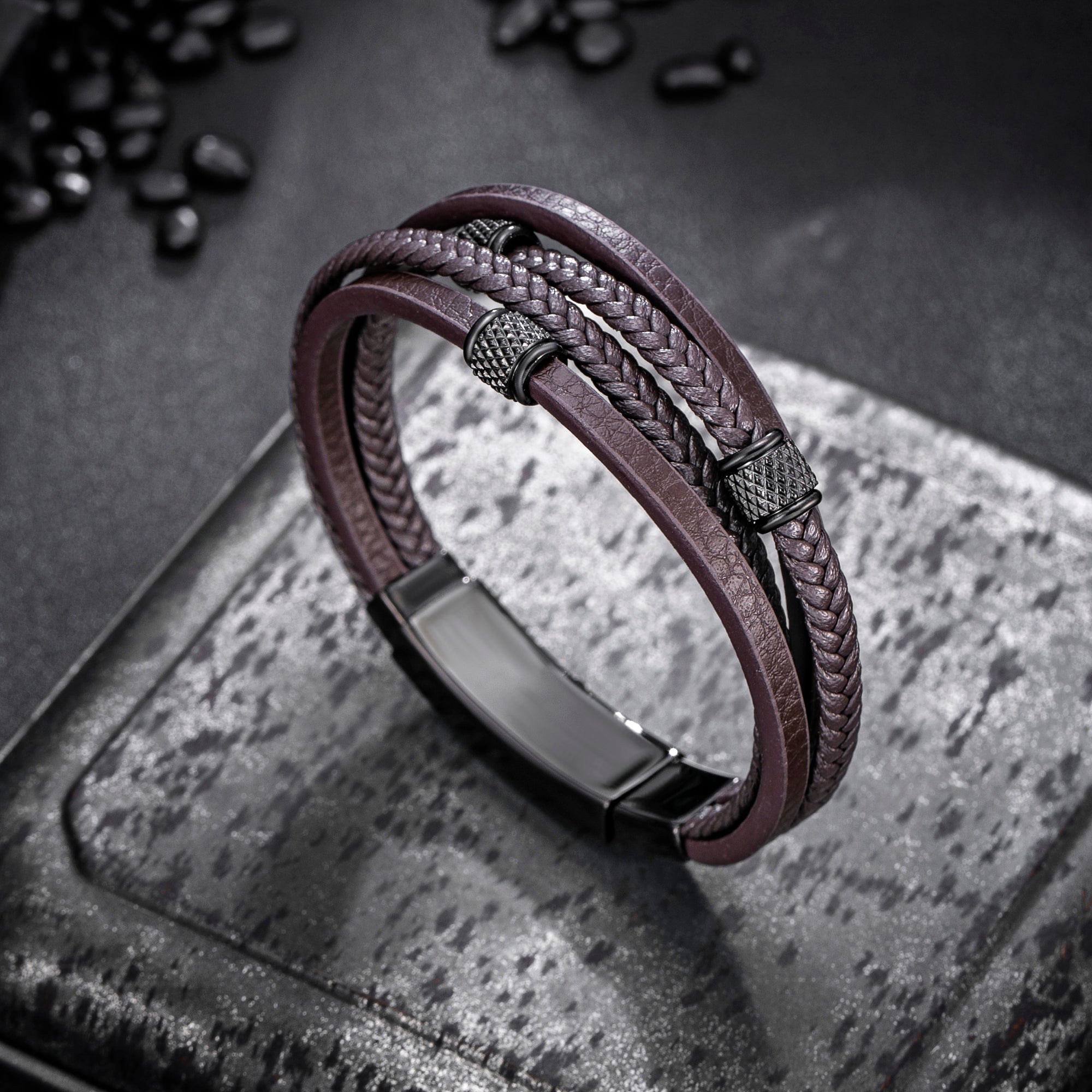 Mens Bracelet Adjustable Clasp Cuff Multi Strand Wristband Leather