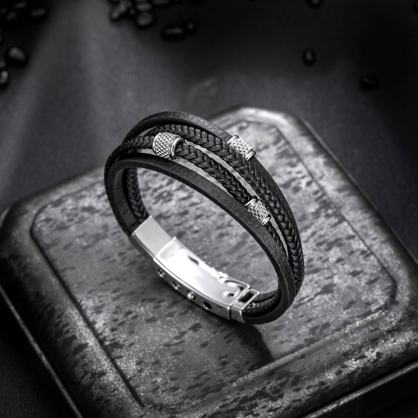 Mens Bracelet Adjustable Clasp Cuff Multi Strand Wristband Leather Bracelet for Daily Wear Minimalist Style Gift for Him