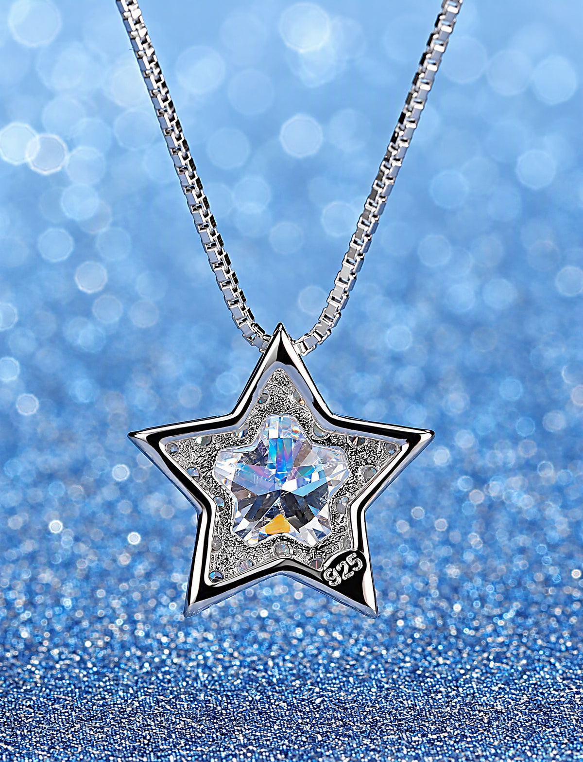 Star Necklace for Women, Five Point Star Pendant with Faceted Center Stone and Pave Halo, Celestial Everyday Jewelry