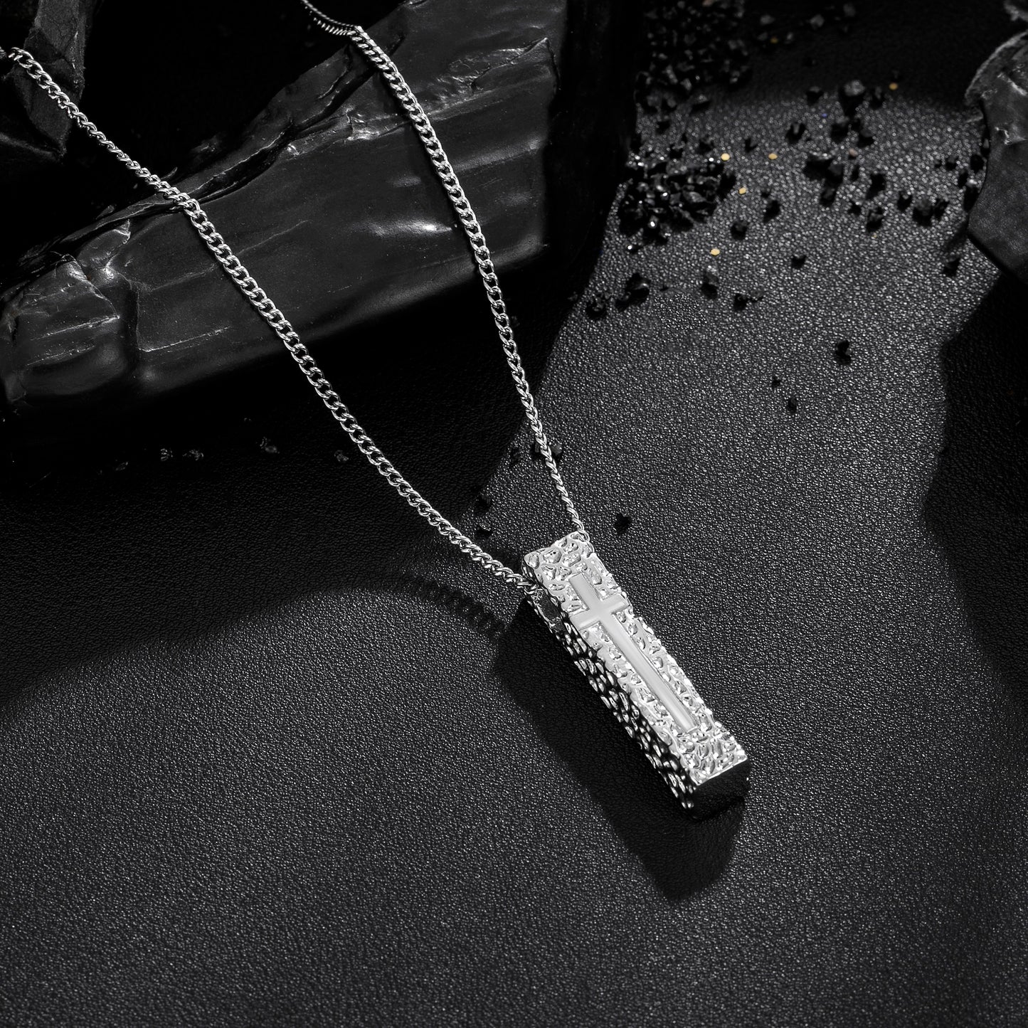 Cross Necklace for Men Women, Stainless Steel Textured Bar Design with Wheat Chain, Religious Faith Jewelry Gift