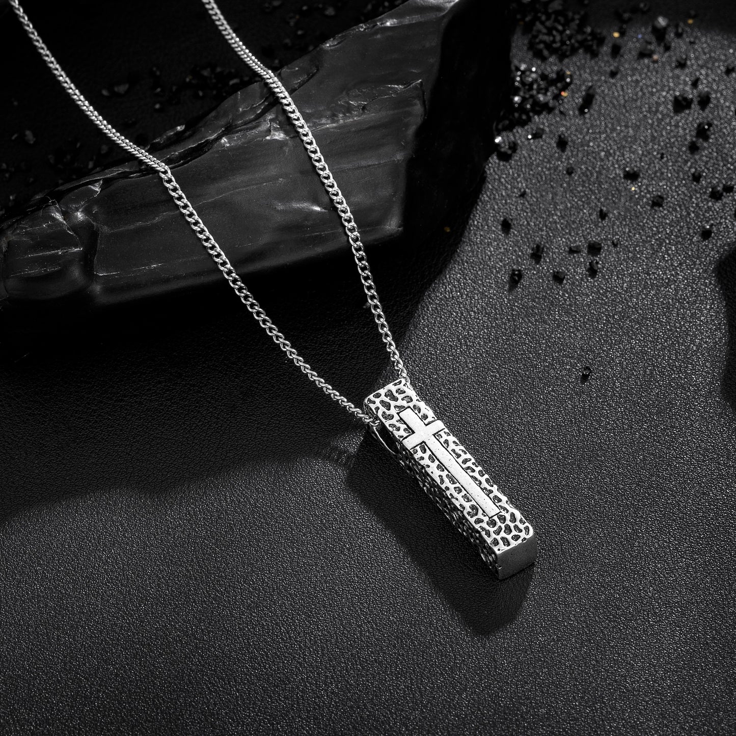 Cross Necklace for Men Women, Stainless Steel Textured Bar Design with Wheat Chain, Religious Faith Jewelry Gift