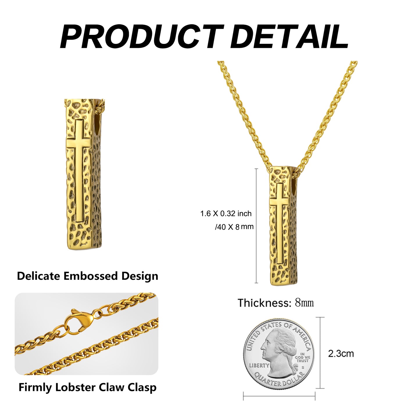 Cross Necklace for Men Women, Stainless Steel Textured Bar Design with Wheat Chain, Religious Faith Jewelry Gift