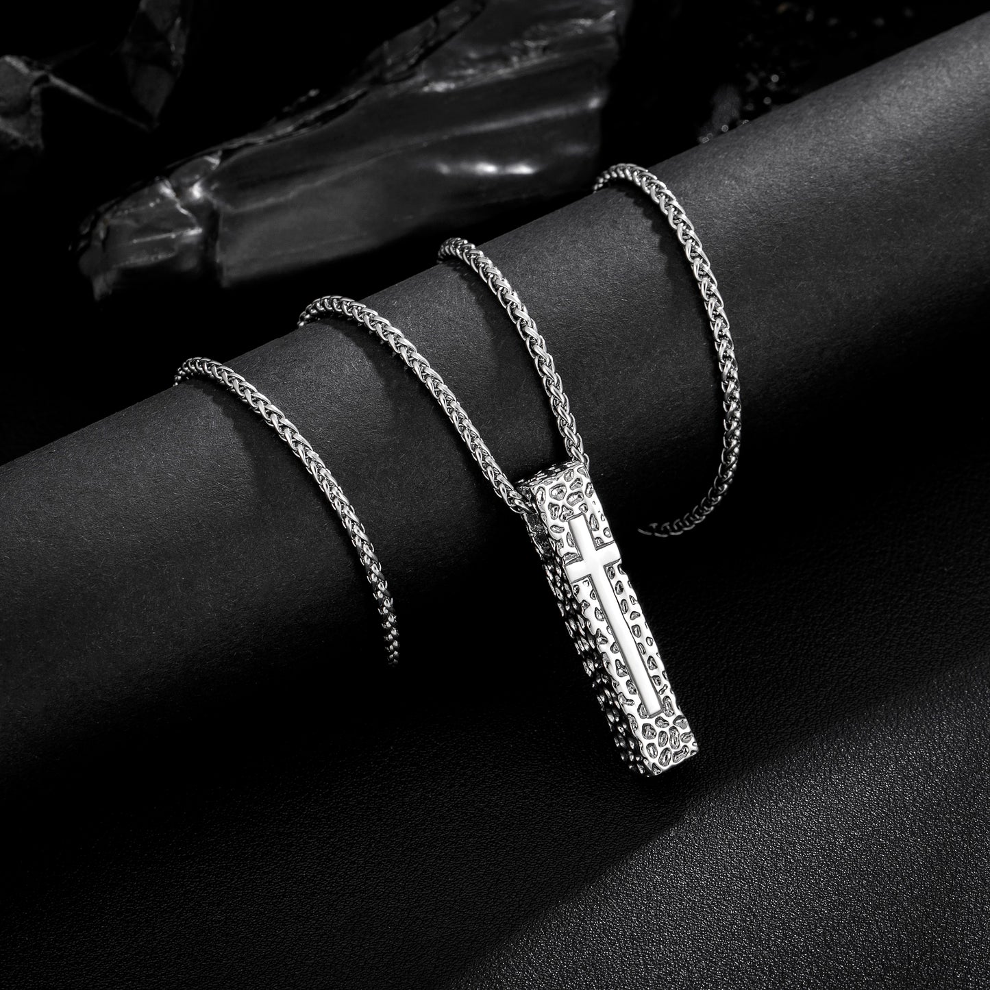 Cross Necklace for Men Women, Stainless Steel Textured Bar Design with Wheat Chain, Religious Faith Jewelry Gift