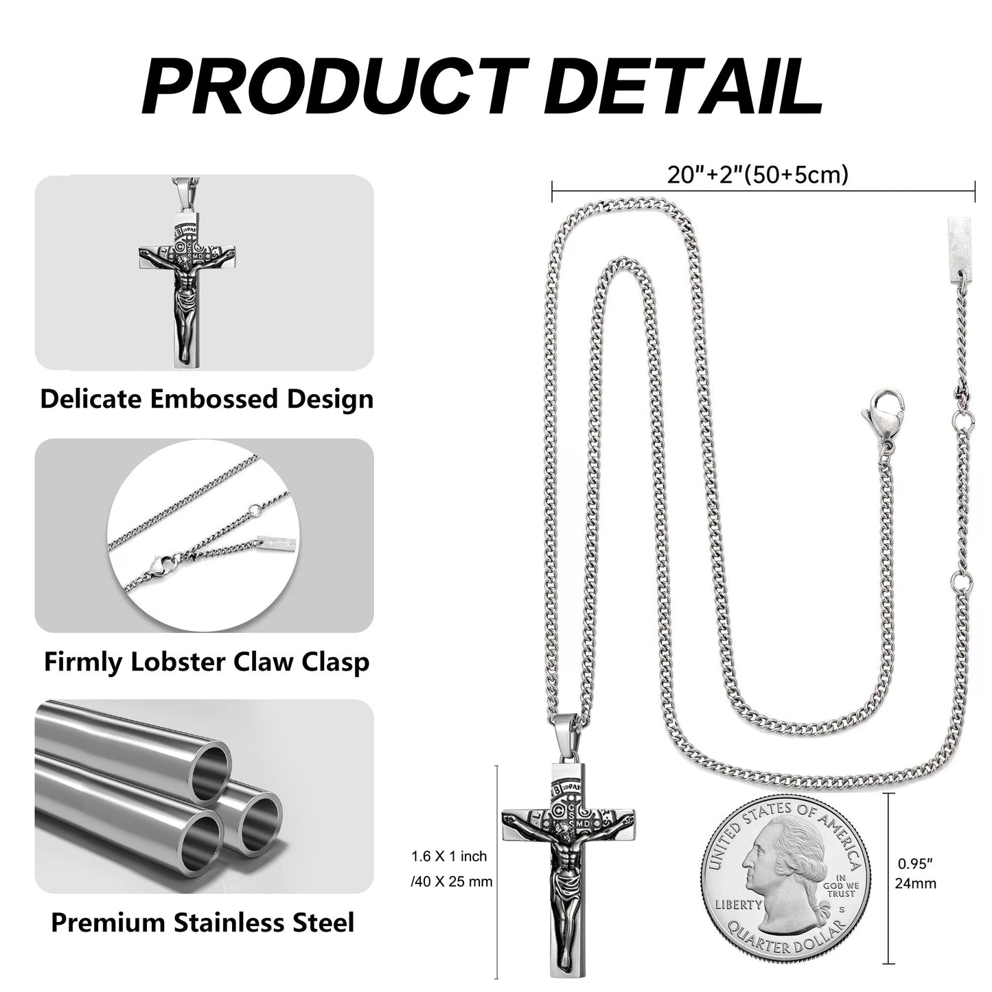 Cross Necklace for Men Women, Stainless Steel Crucifix Cross with Curb Chain Wheat Chain, Religious Faith Jewelry, Gift for Family